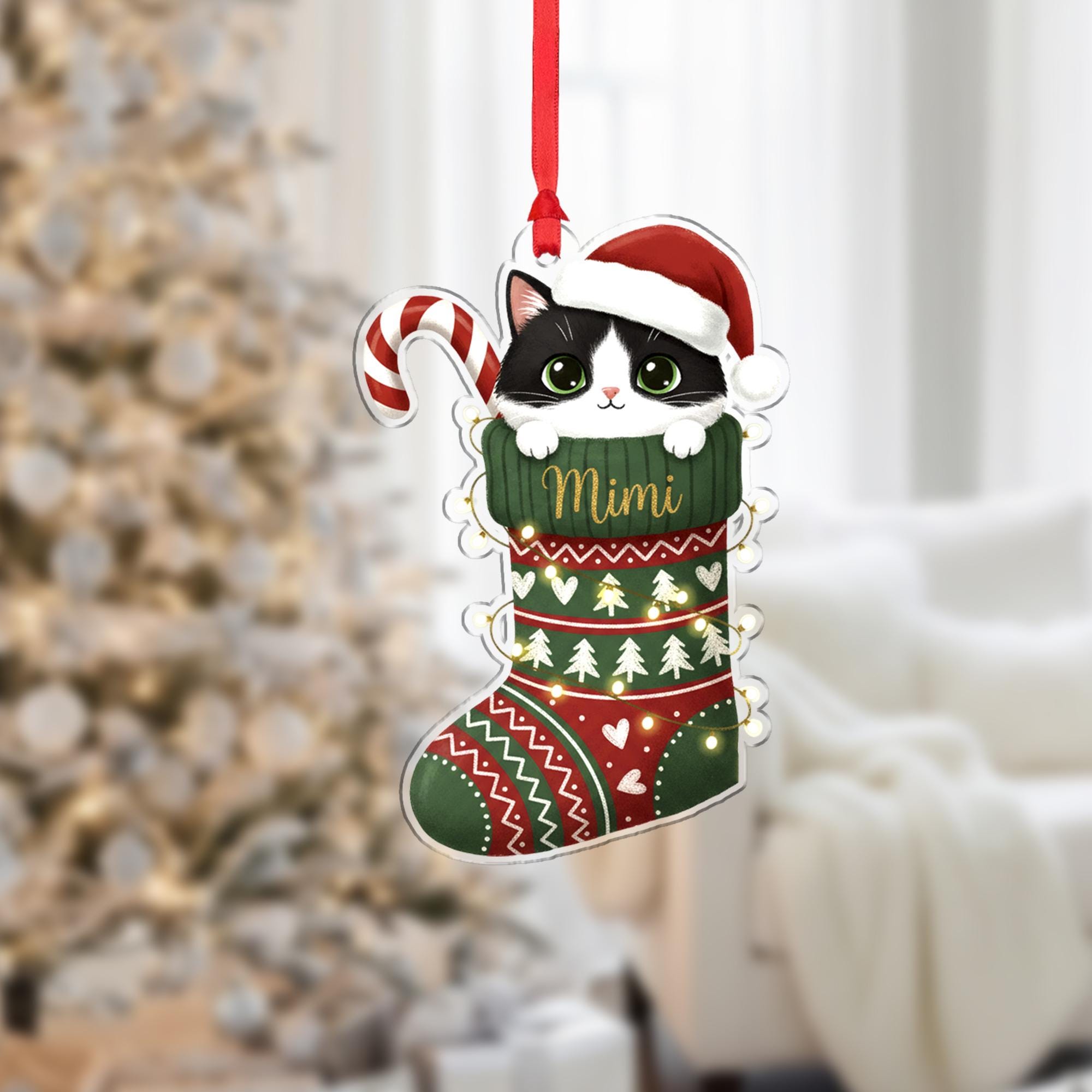 Cat in Christmas Stocking Ornament: Personalized Pet Name Holiday Decoration