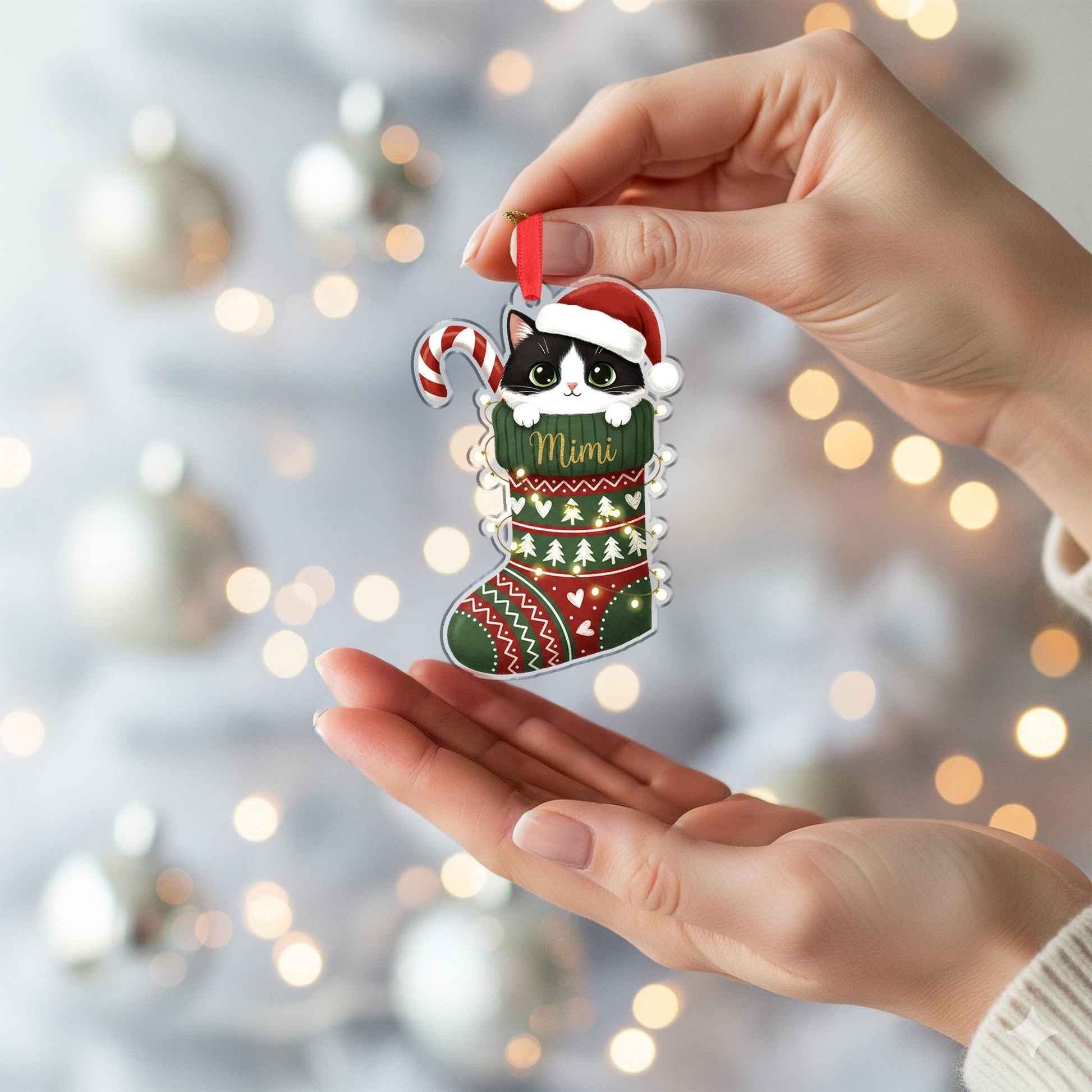 Cat in Christmas Stocking Ornament: Personalized Pet Name Holiday Decoration