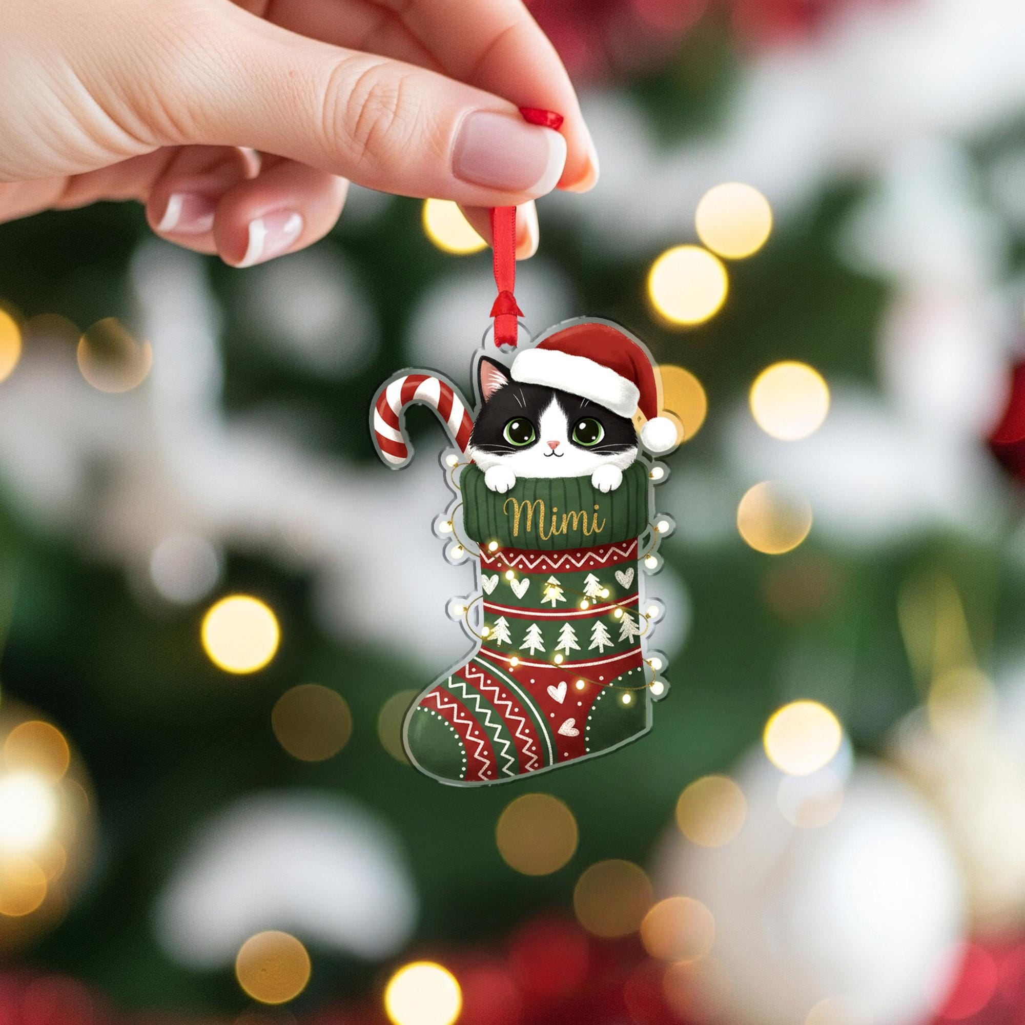 Cat in Christmas Stocking Ornament: Personalized Pet Name Holiday Decoration
