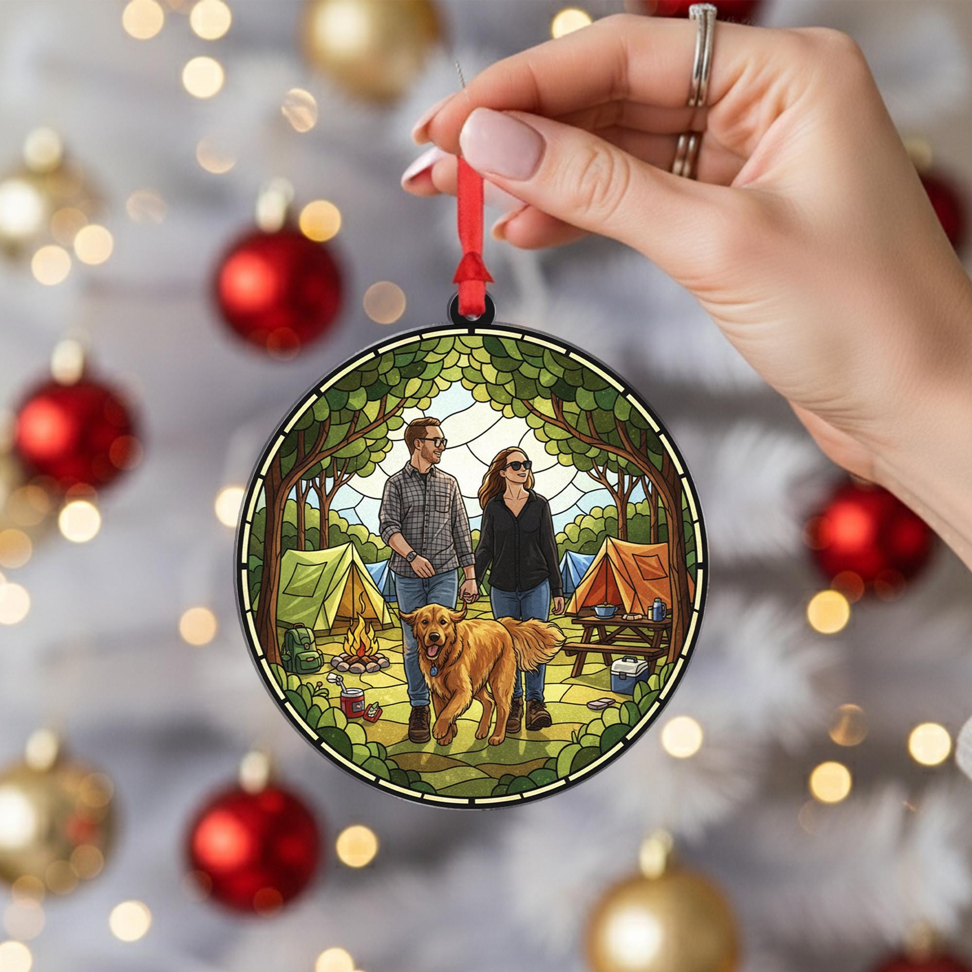 Personalized Camping Ornament – Custom Couple with Dog Outdoor Scene Christmas Decor
