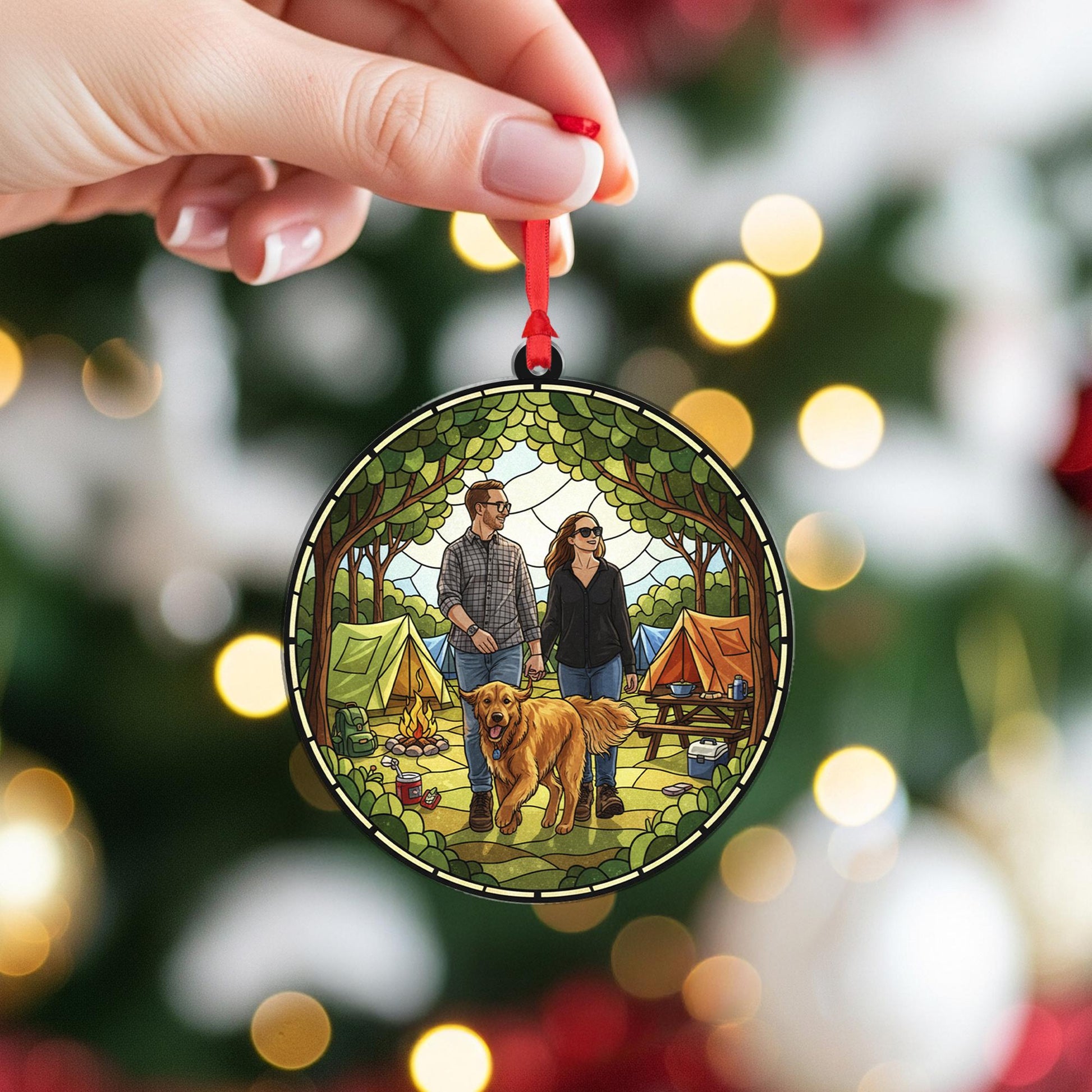 Personalized Camping Ornament – Custom Couple with Dog Outdoor Scene Christmas Decor
