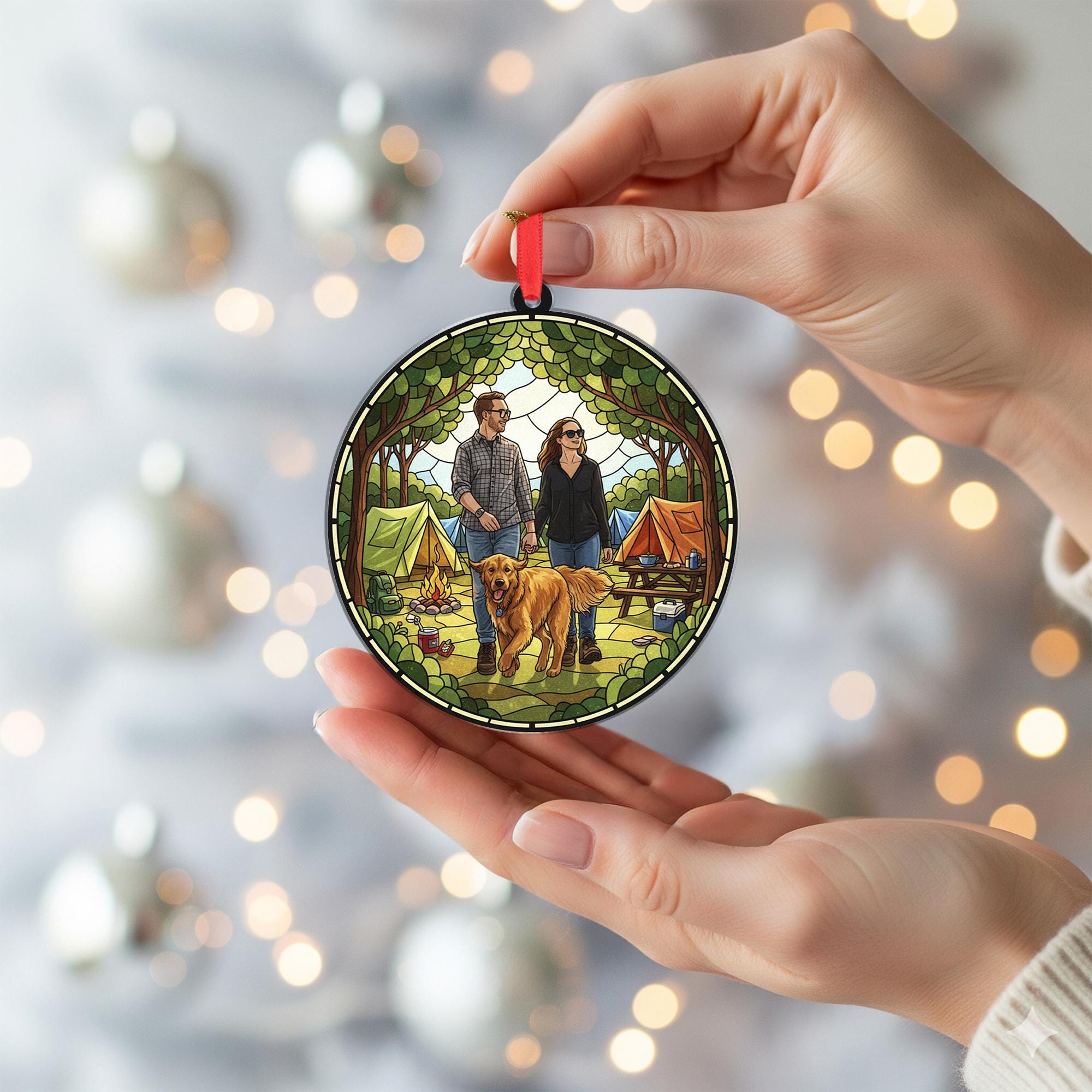 Personalized Camping Ornament – Custom Couple with Dog Outdoor Scene Christmas Decor