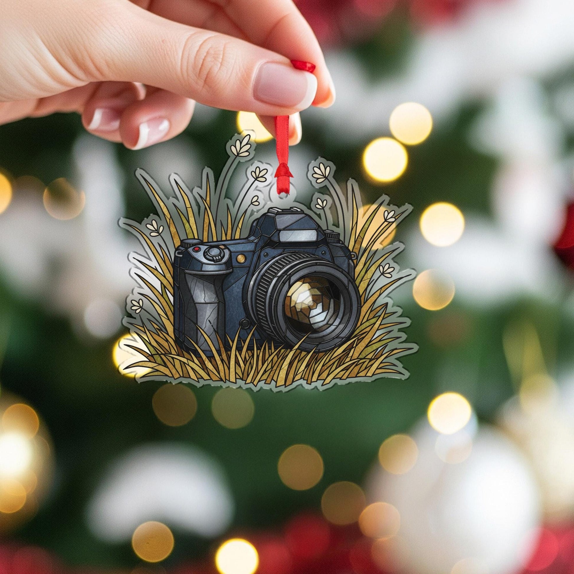 Camera Ornament – Photographer Christmas Tree Decoration with Nature Grass Design