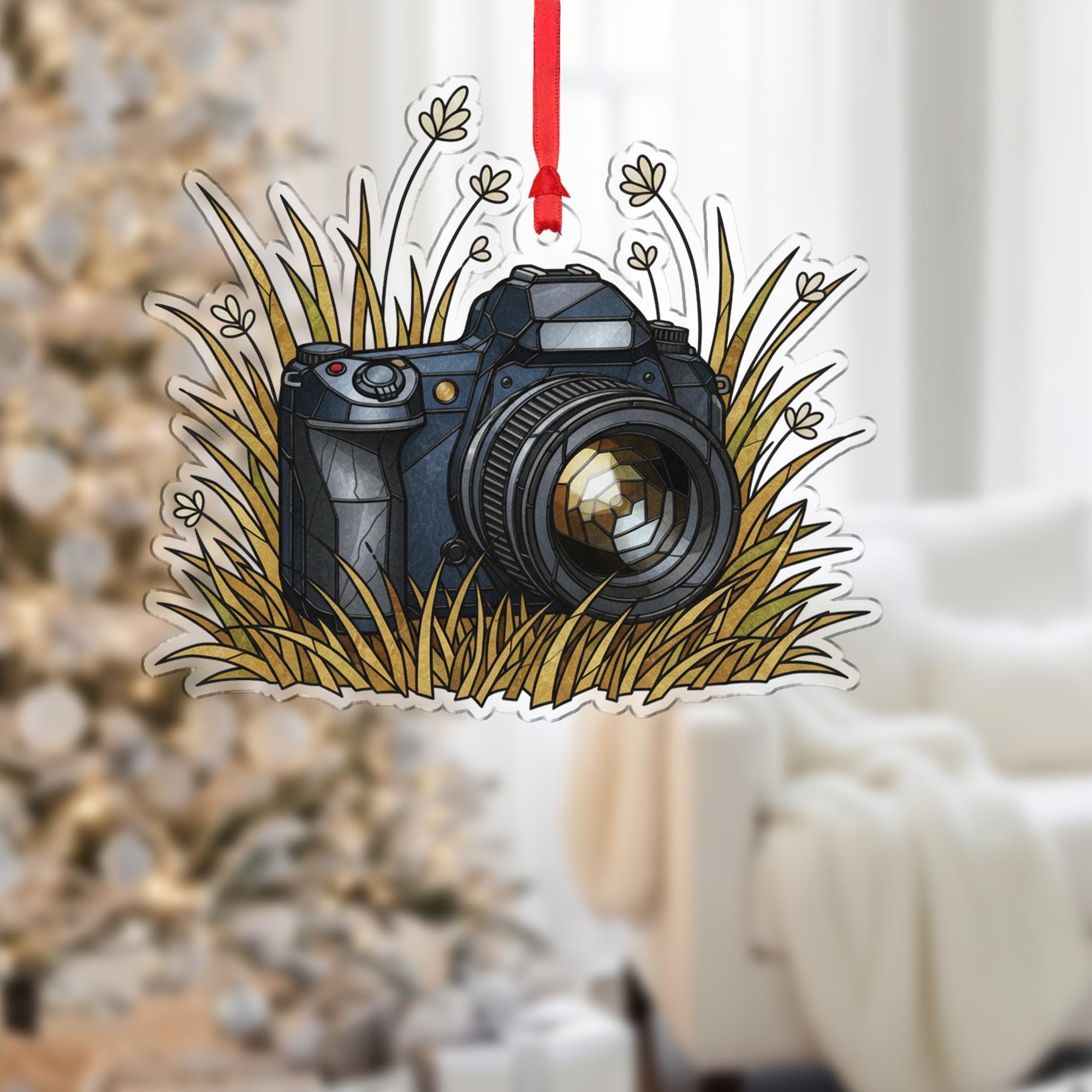 Camera Ornament – Photographer Christmas Tree Decoration with Nature Grass Design