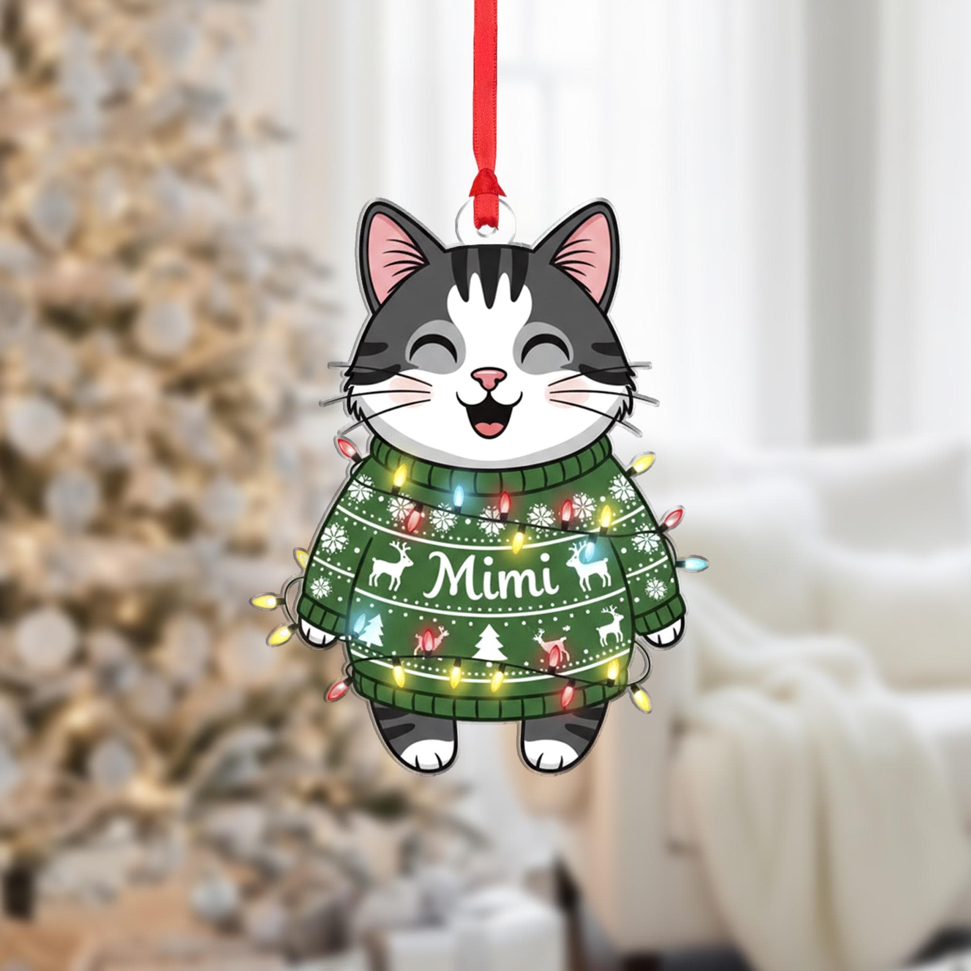 Happy Cat Christmas Ornament: Personalized Pet Name Decoration