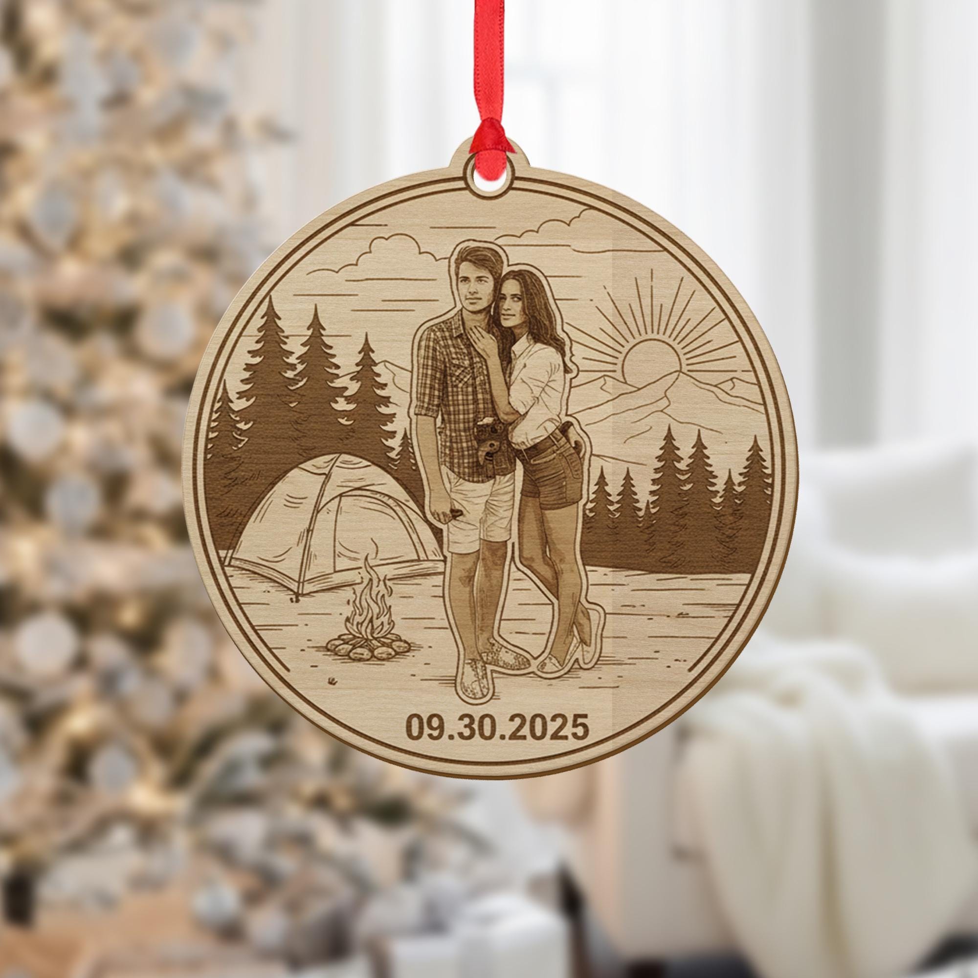 Personalized Wooden Ornament – Custom Couple Camping Scene Engraved Decoration