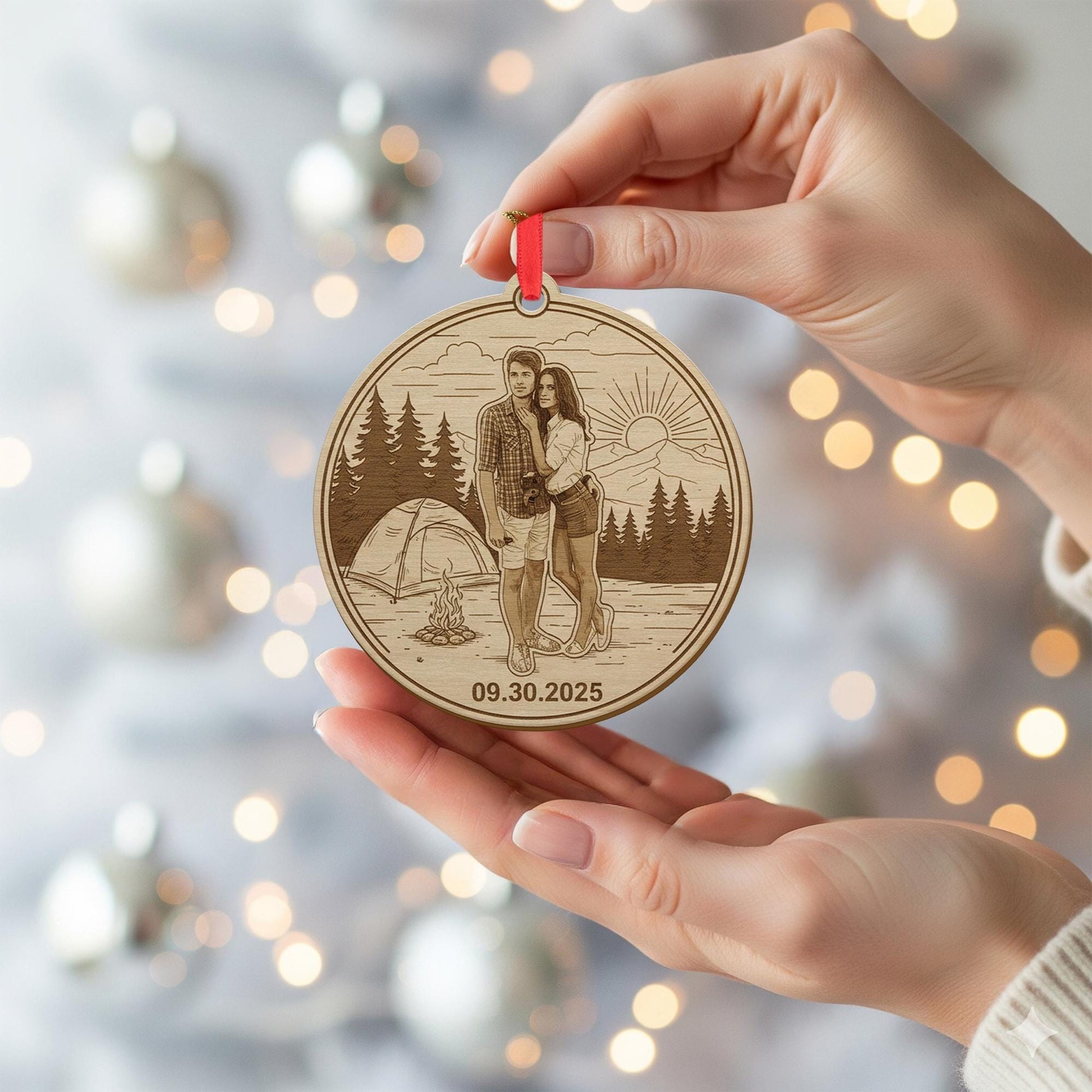 Personalized Wooden Ornament – Custom Couple Camping Scene Engraved Decoration