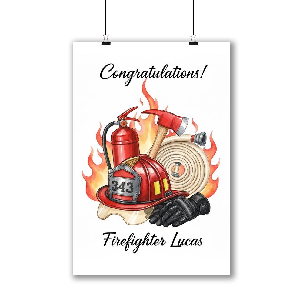Personalized Poster – Firefighter Gear with Helmet Hose and Axe Print