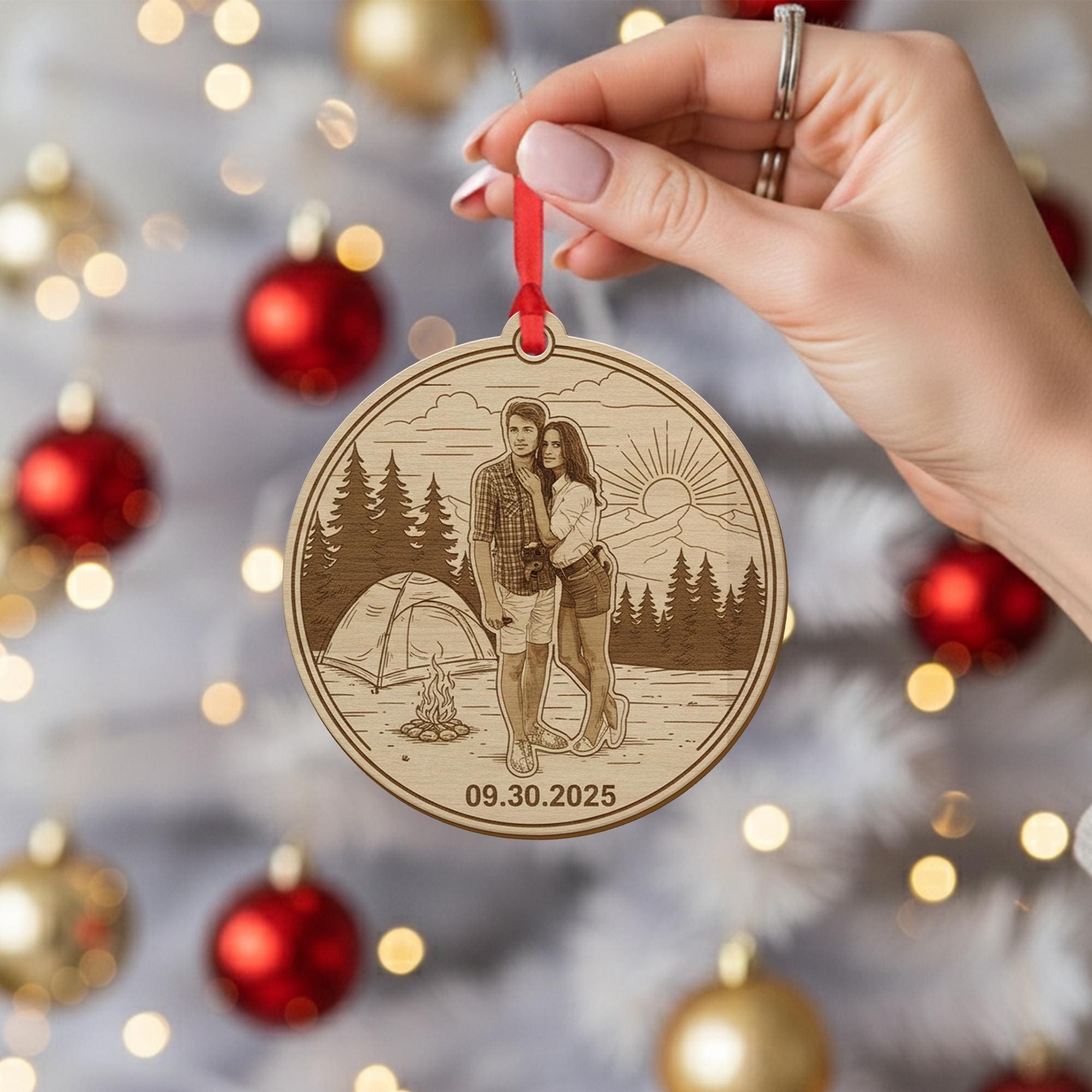 Personalized Wooden Ornament – Custom Couple Camping Scene Engraved Decoration