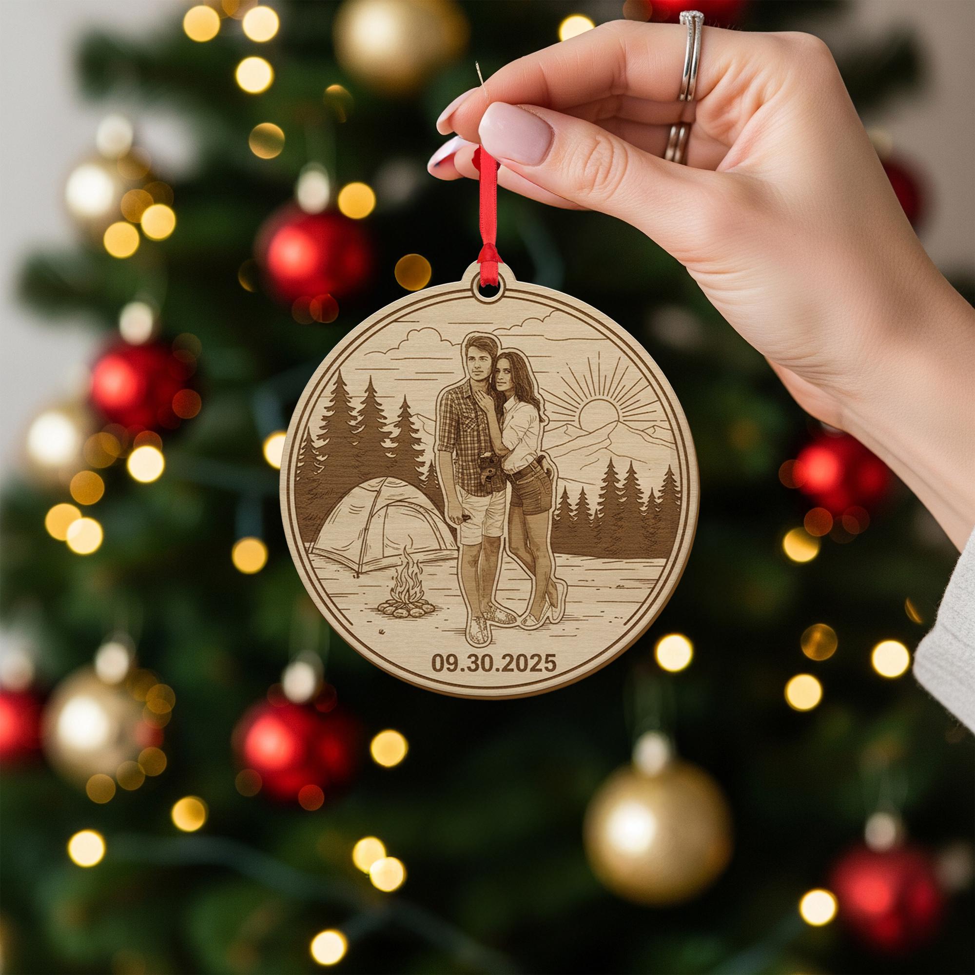 Personalized Wooden Ornament – Custom Couple Camping Scene Engraved Decoration