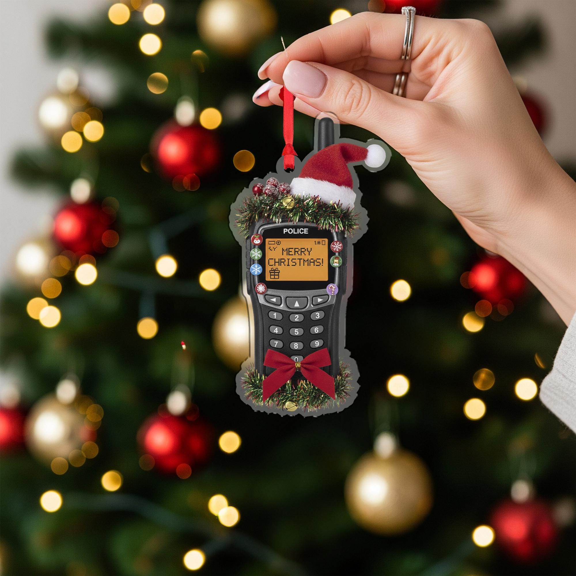 Wooden Police Radio Ornament – Law Enforcement Christmas Tree Decoration with Santa Hat
