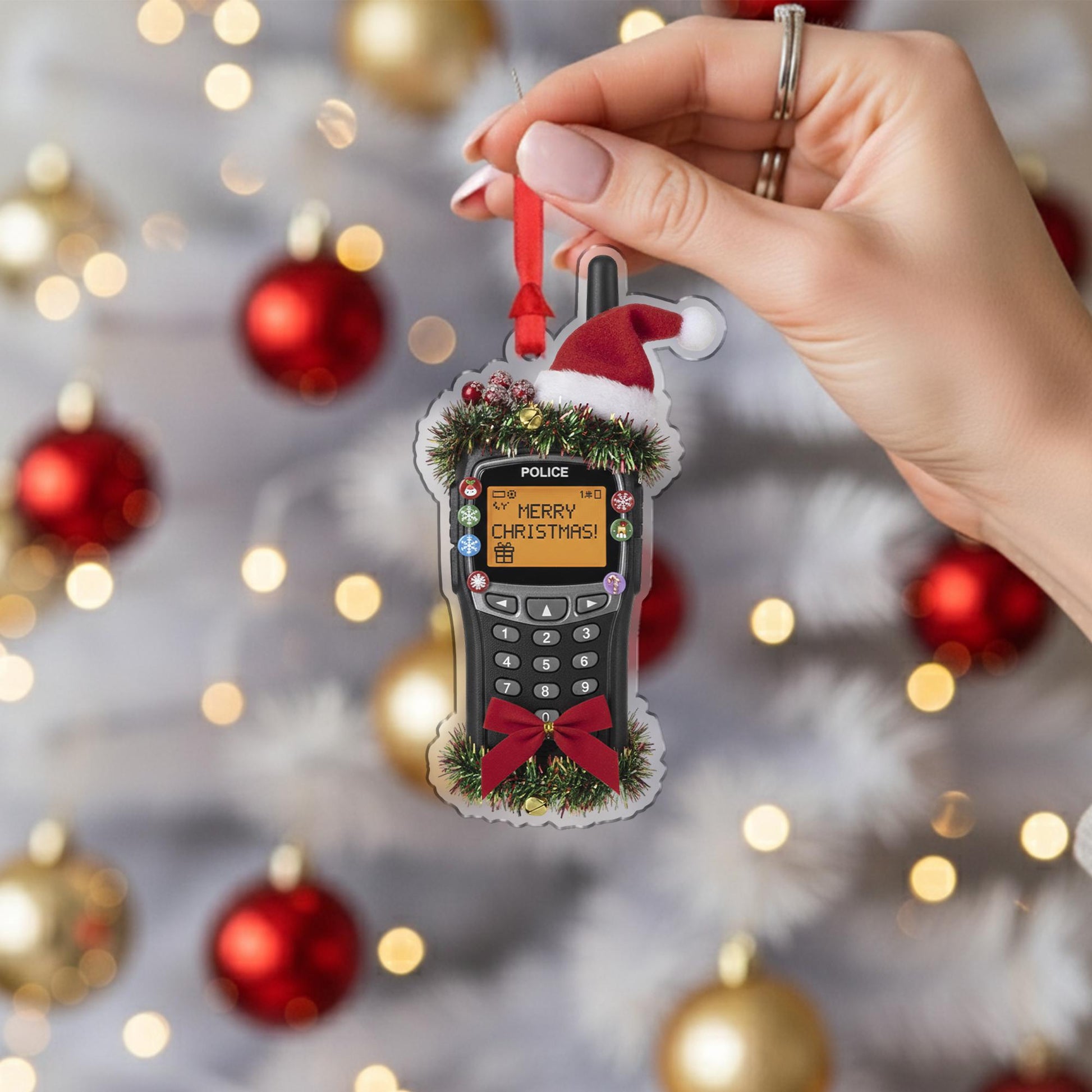 Wooden Police Radio Ornament – Law Enforcement Christmas Tree Decoration with Santa Hat