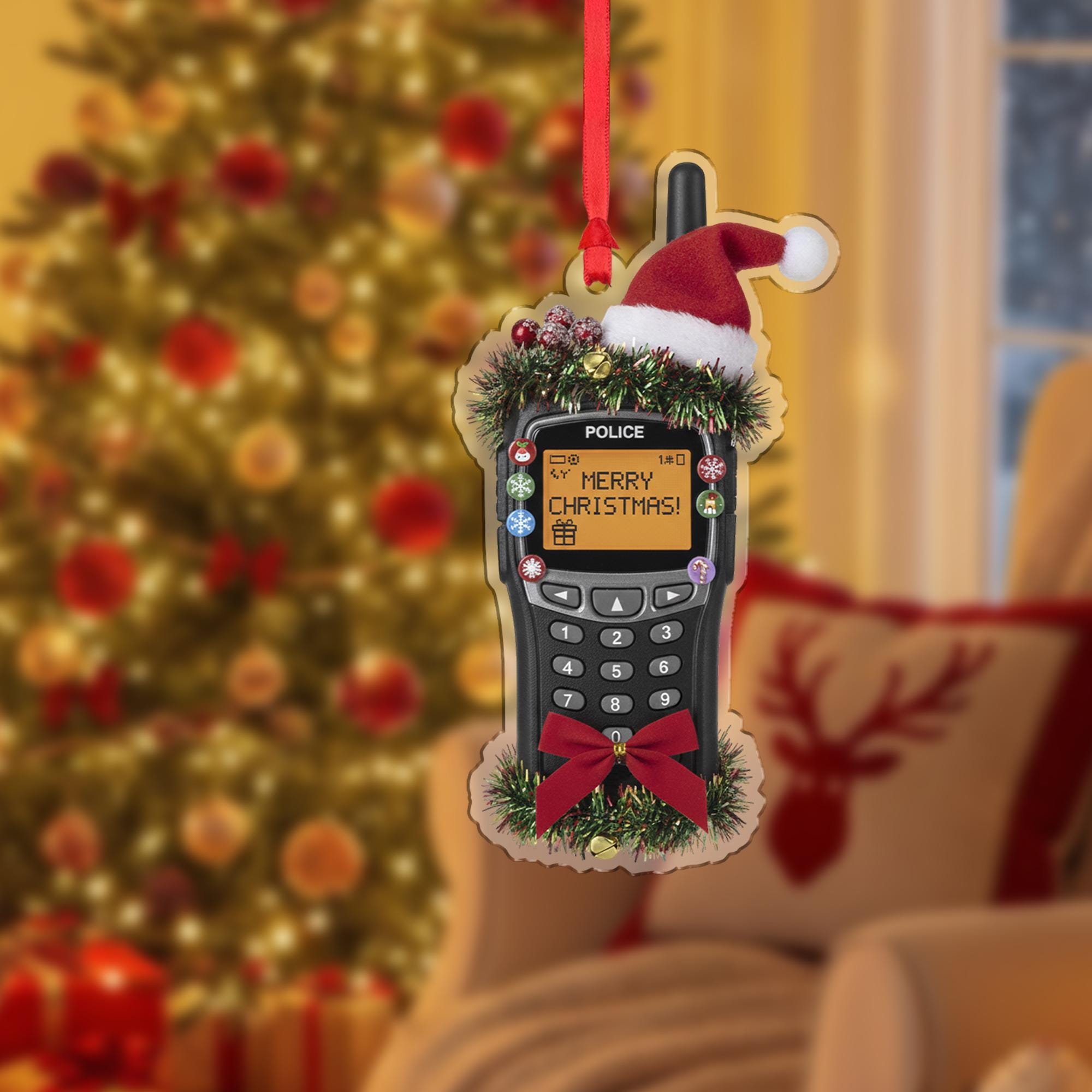 Wooden Police Radio Ornament – Law Enforcement Christmas Tree Decoration with Santa Hat