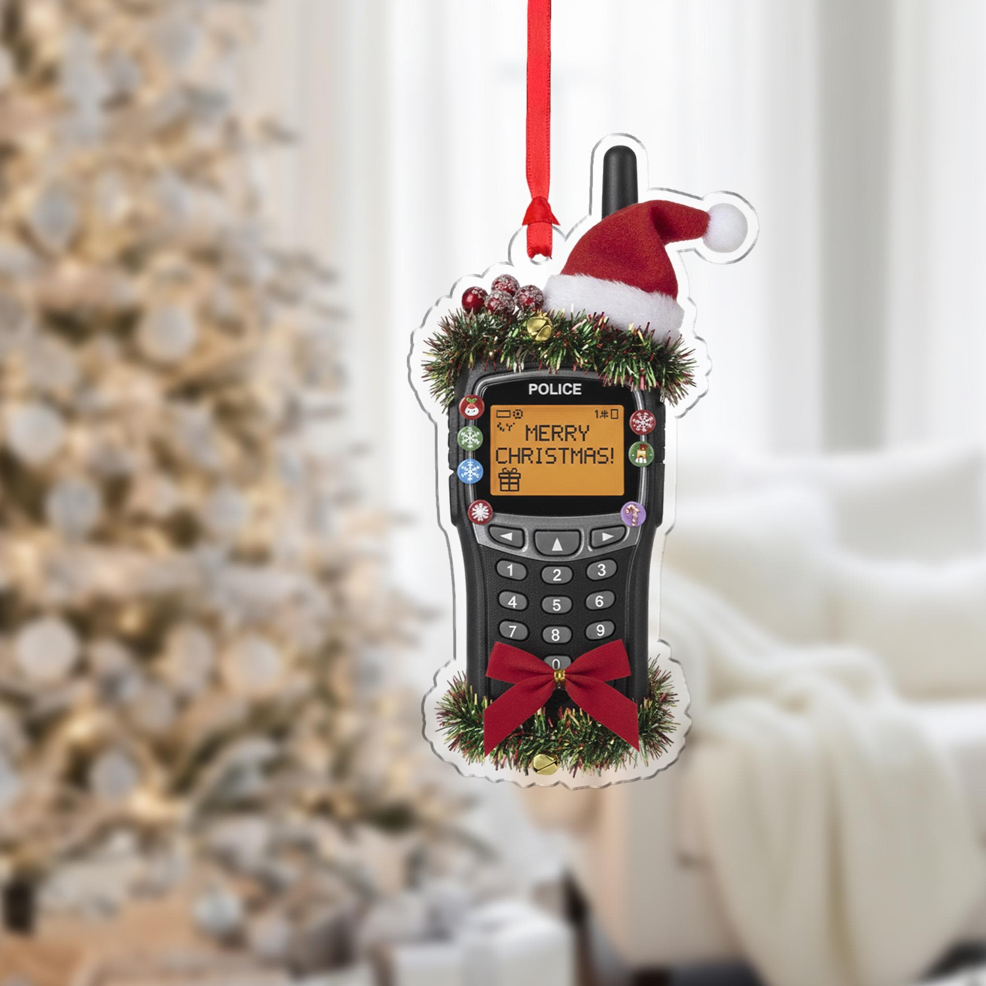 Wooden Police Radio Ornament – Law Enforcement Christmas Tree Decoration with Santa Hat