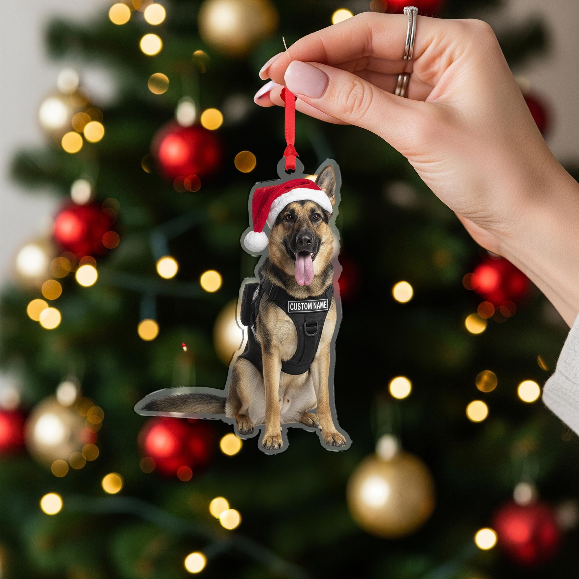 Personalized Police Dog Ornament – Custom German Shepherd K9 Christmas Decoration with Santa Hat