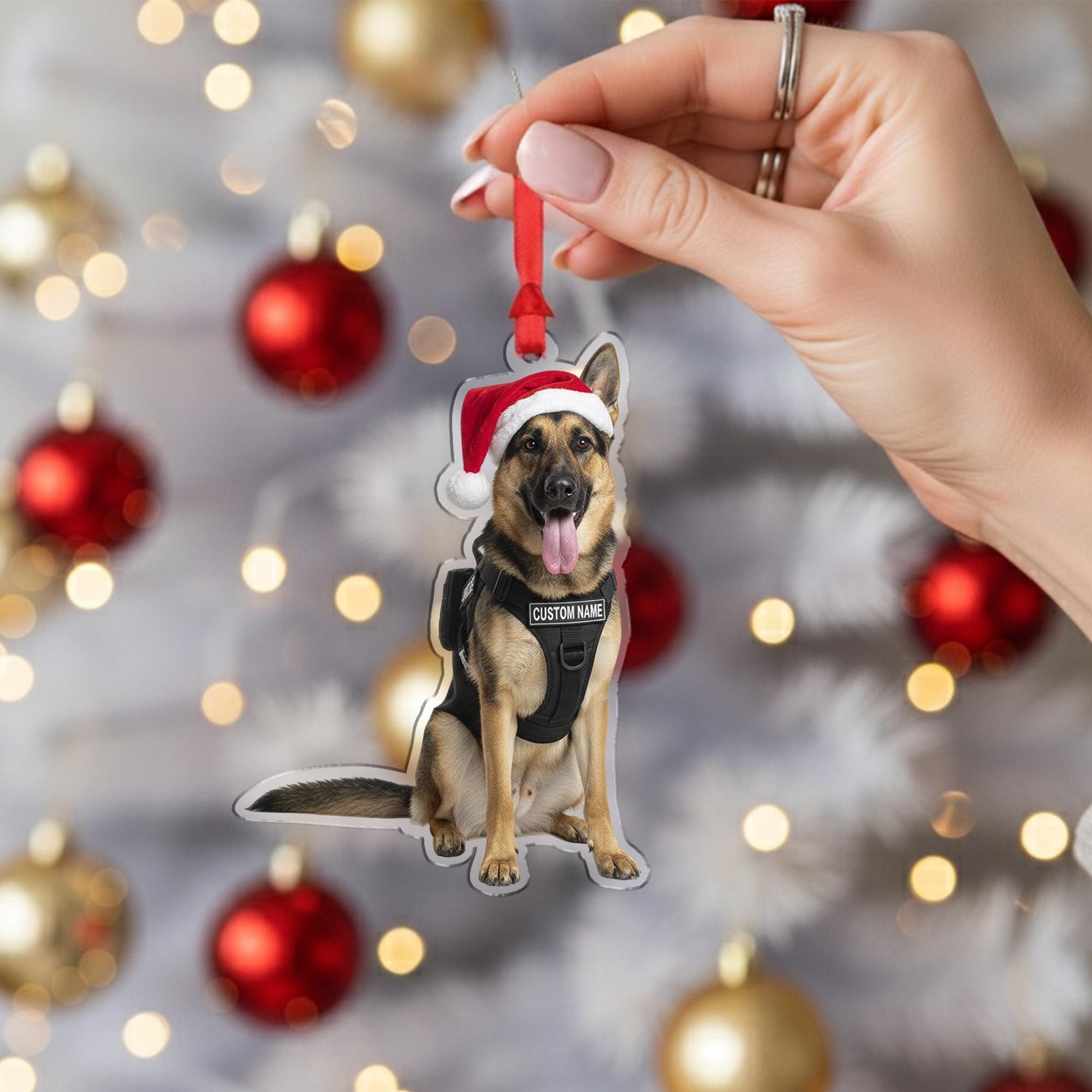 Personalized Police Dog Ornament – Custom German Shepherd K9 Christmas Decoration with Santa Hat