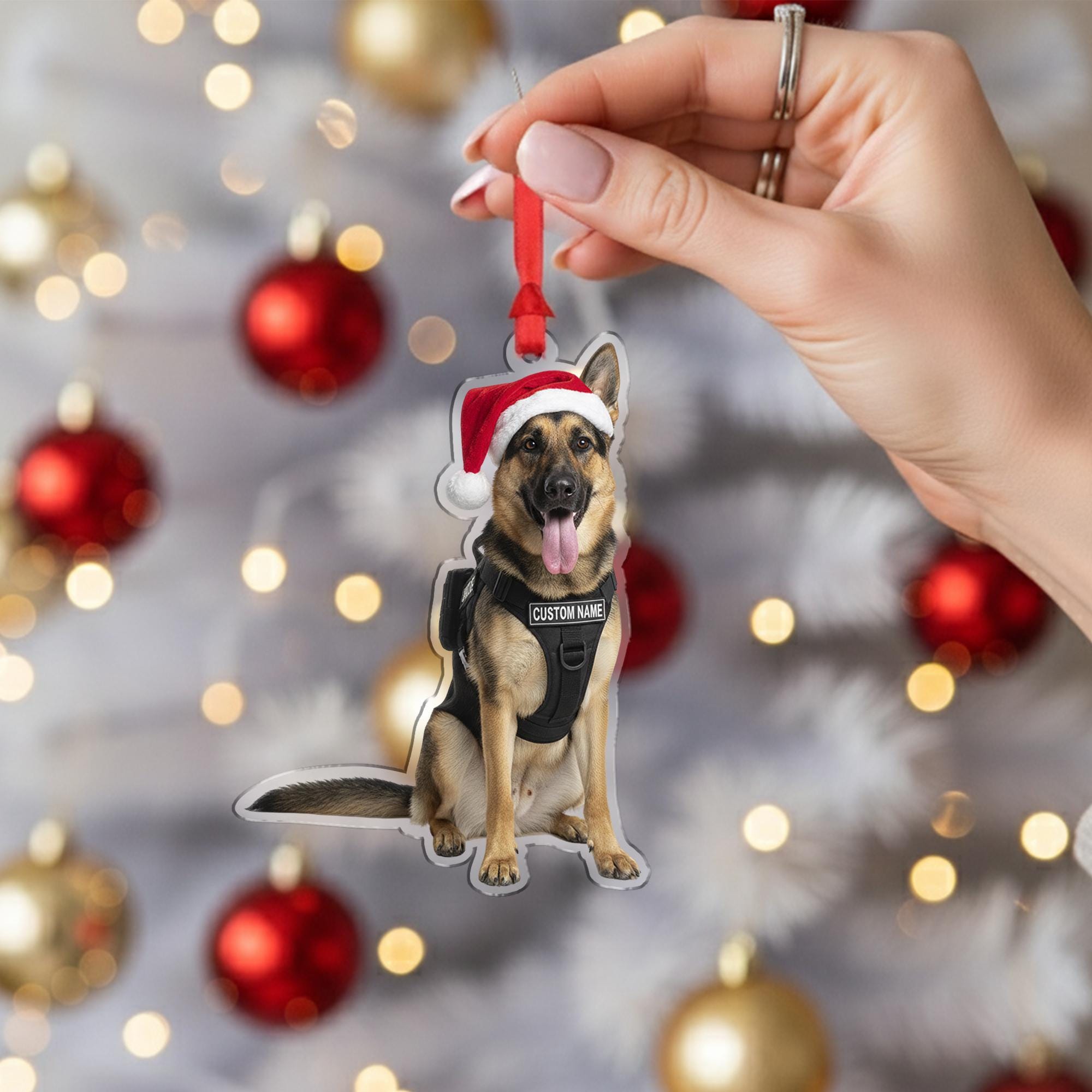 Personalized Police Dog Ornament – Custom German Shepherd K9 Christmas Decoration with Santa Hat