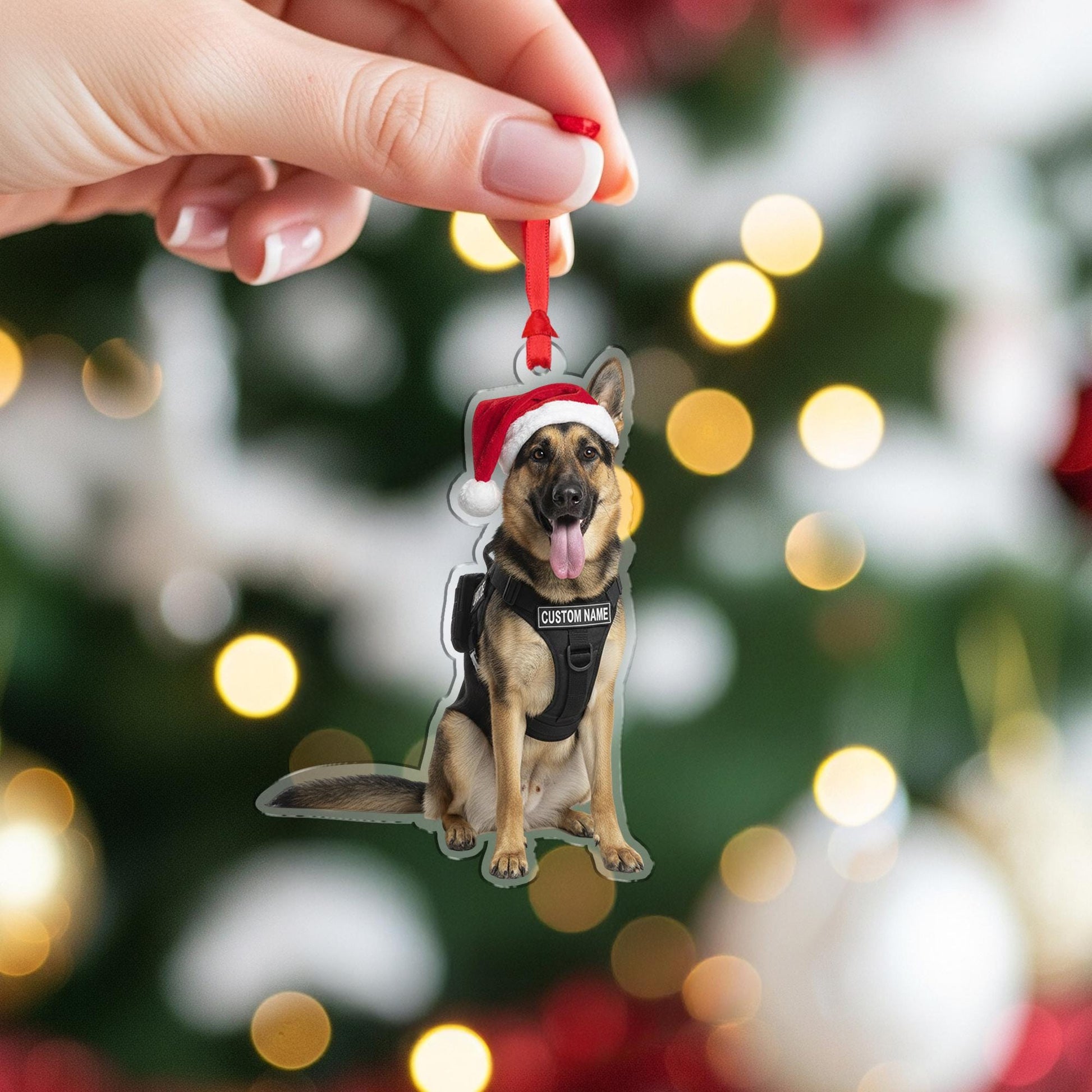 Personalized Police Dog Ornament – Custom German Shepherd K9 Christmas Decoration with Santa Hat