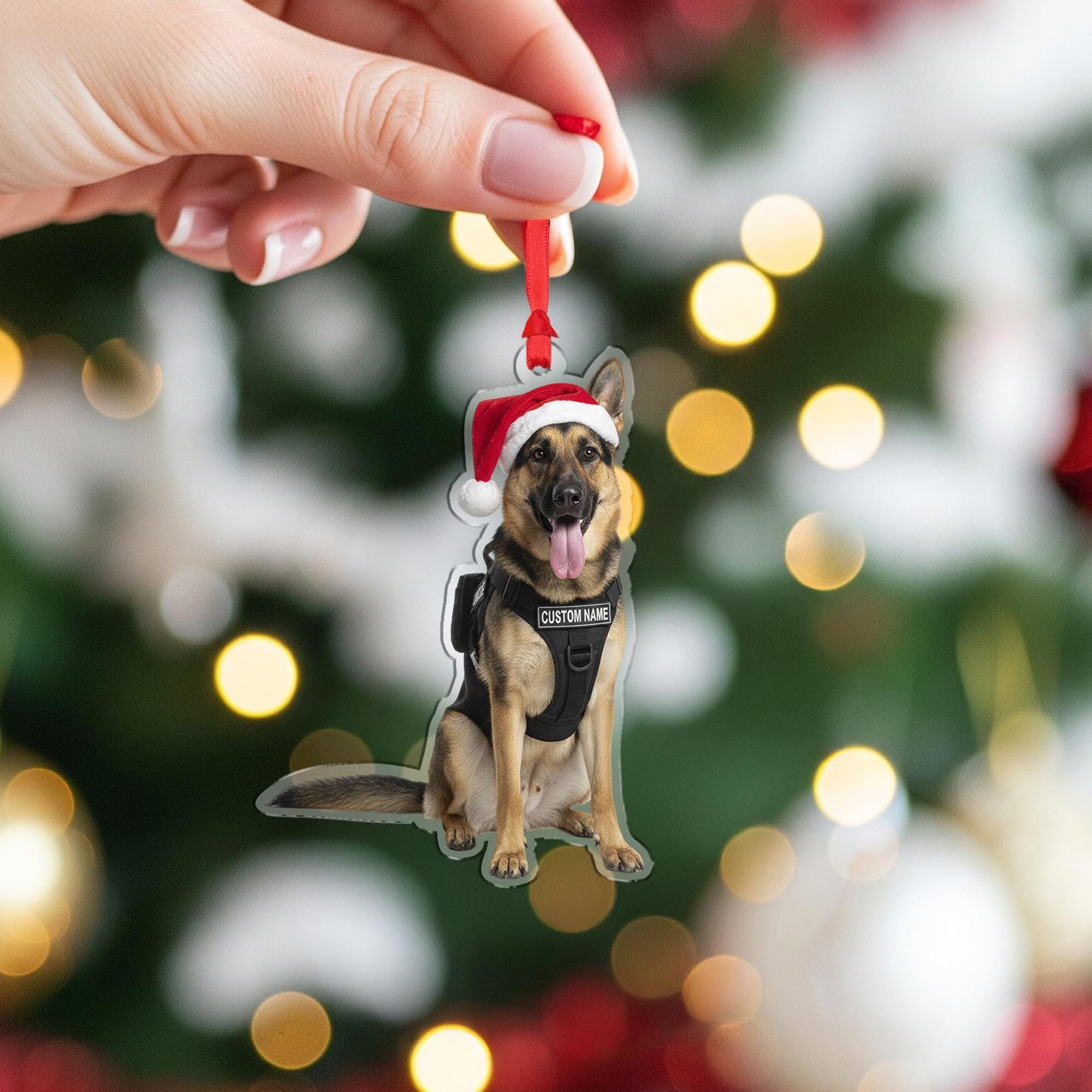 Personalized Police Dog Ornament – Custom German Shepherd K9 Christmas Decoration with Santa Hat