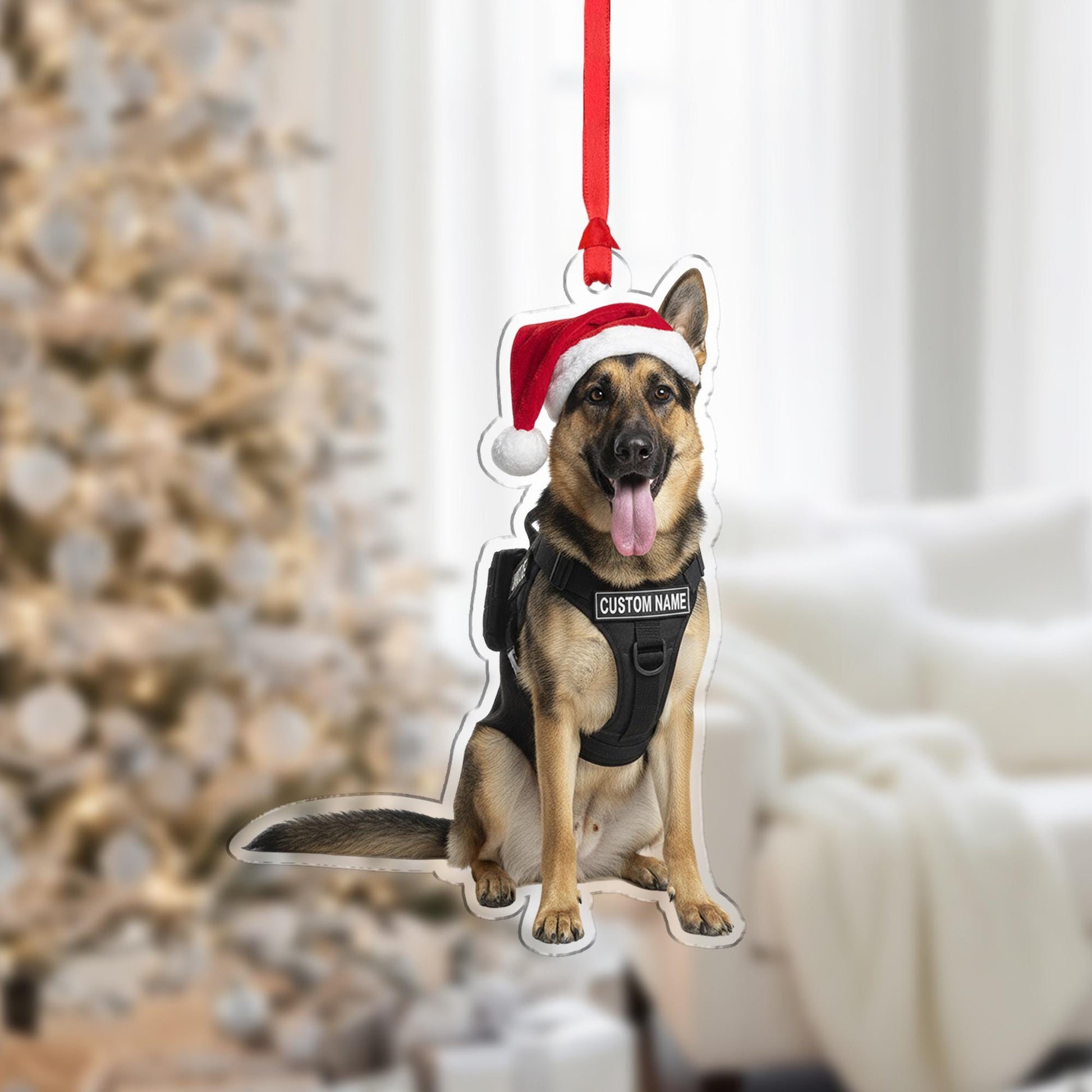 Personalized Police Dog Ornament – Custom German Shepherd K9 Christmas Decoration with Santa Hat