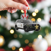 Wooden Police Car Ornament – Law Enforcement Christmas Tree Decoration with Lights and Antlers