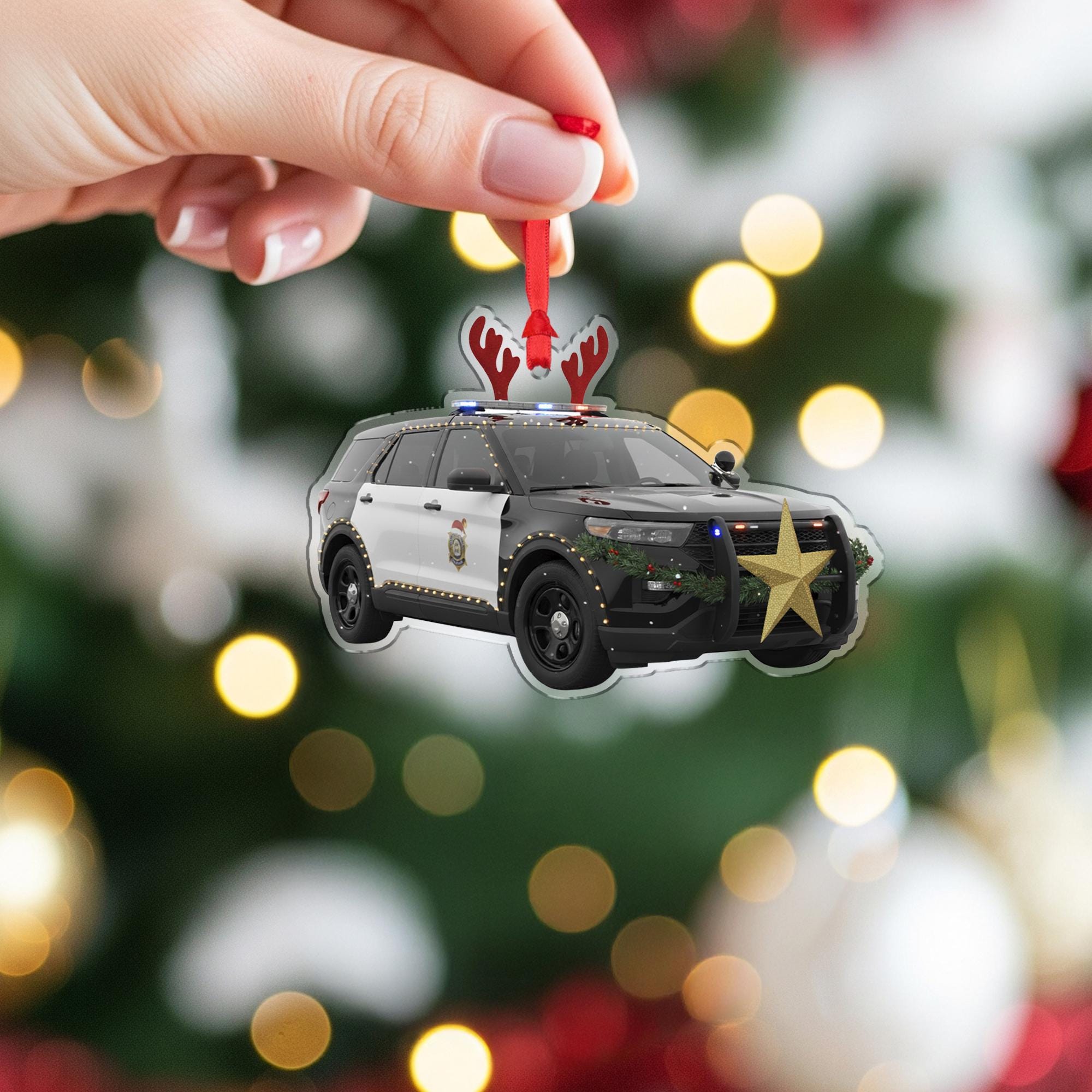 Wooden Police Car Ornament – Law Enforcement Christmas Tree Decoration with Lights and Antlers