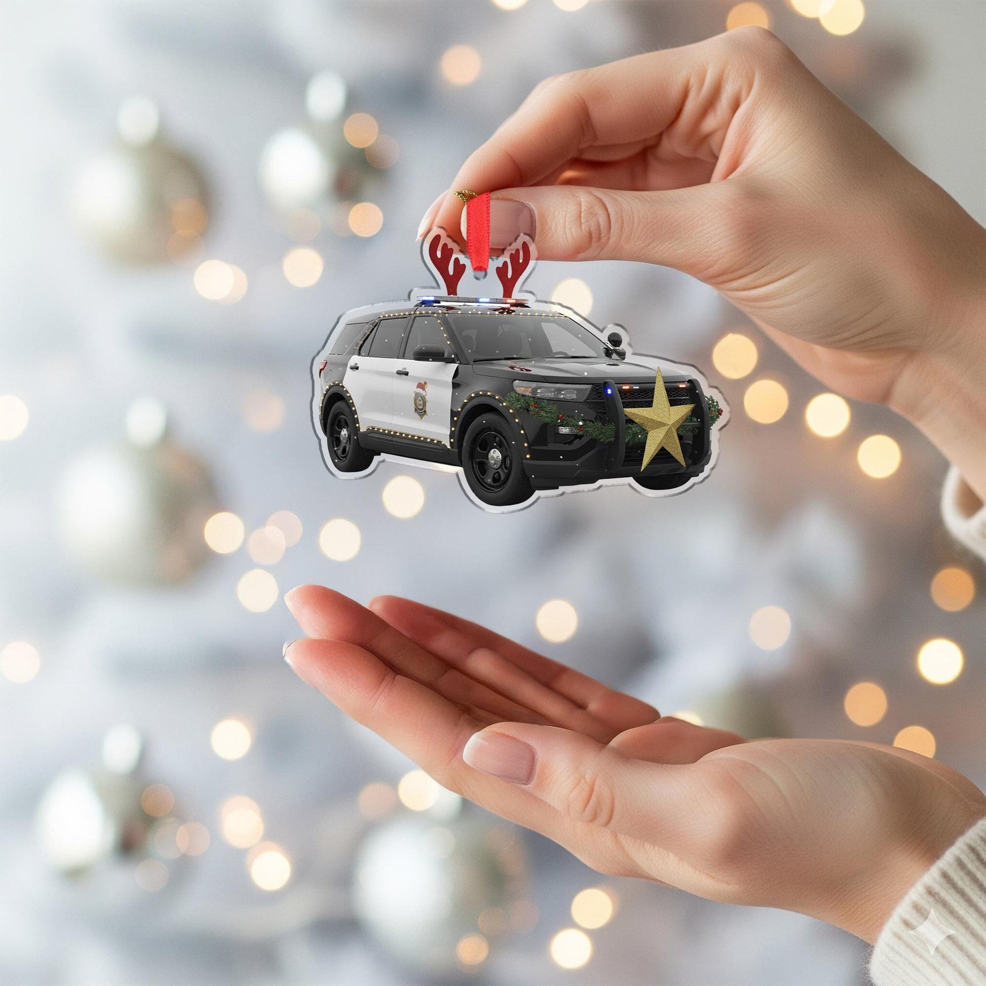 Wooden Police Car Ornament – Law Enforcement Christmas Tree Decoration with Lights and Antlers