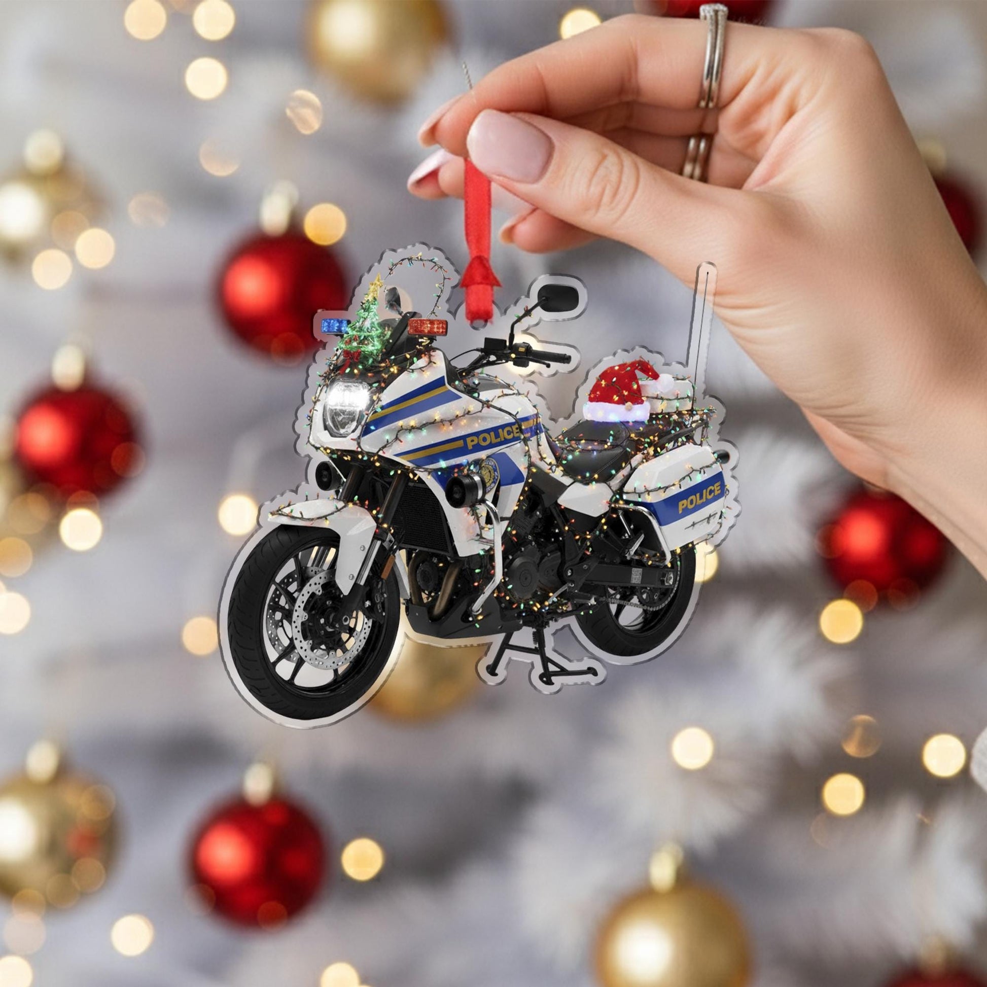 Wooden Police Motorcycle Ornament – Law Enforcement Christmas Tree Decoration with Lights