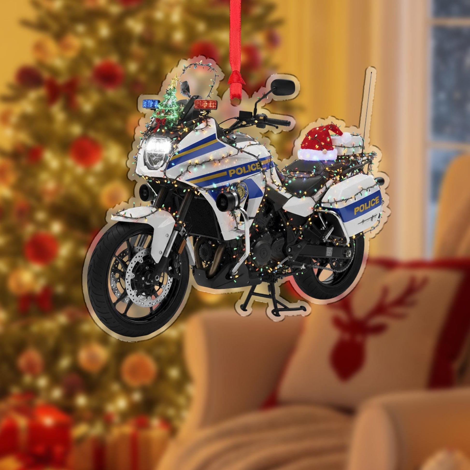 Wooden Police Motorcycle Ornament – Law Enforcement Christmas Tree Decoration with Lights