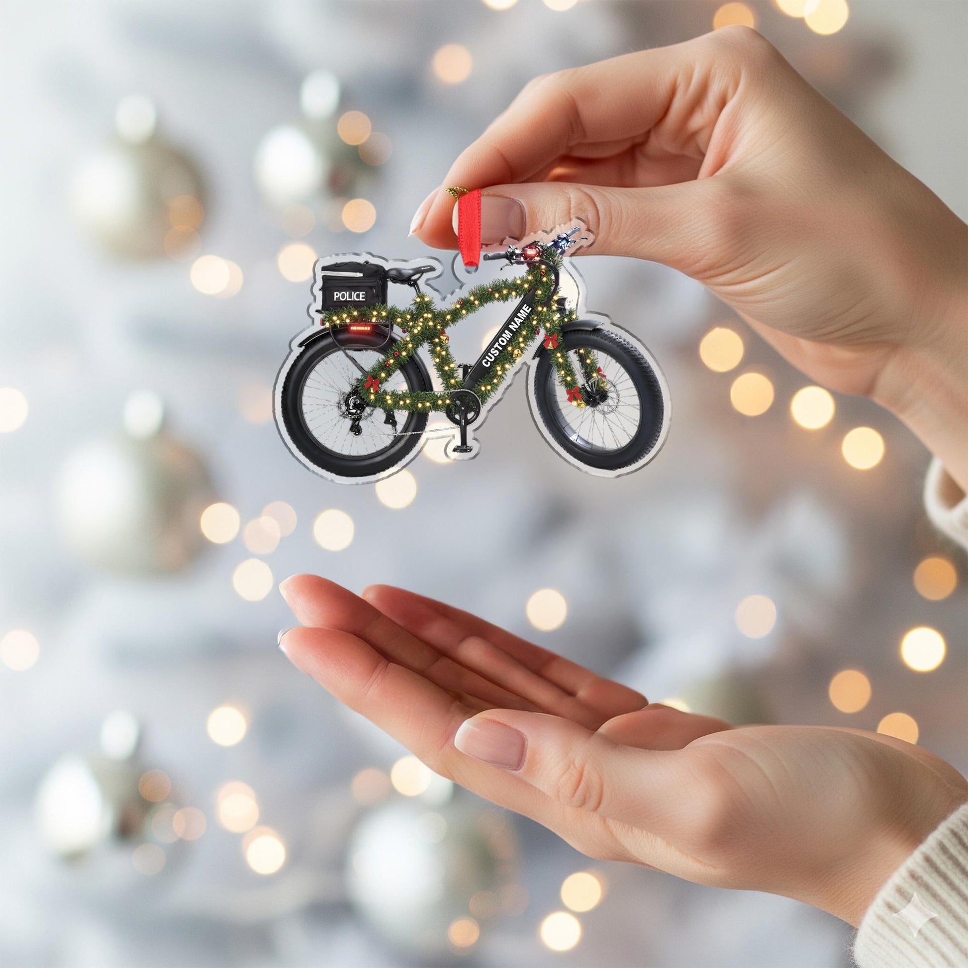 Personalized Police Bicycle Ornament – Custom Wooden Law Enforcement Bike Christmas Decoration