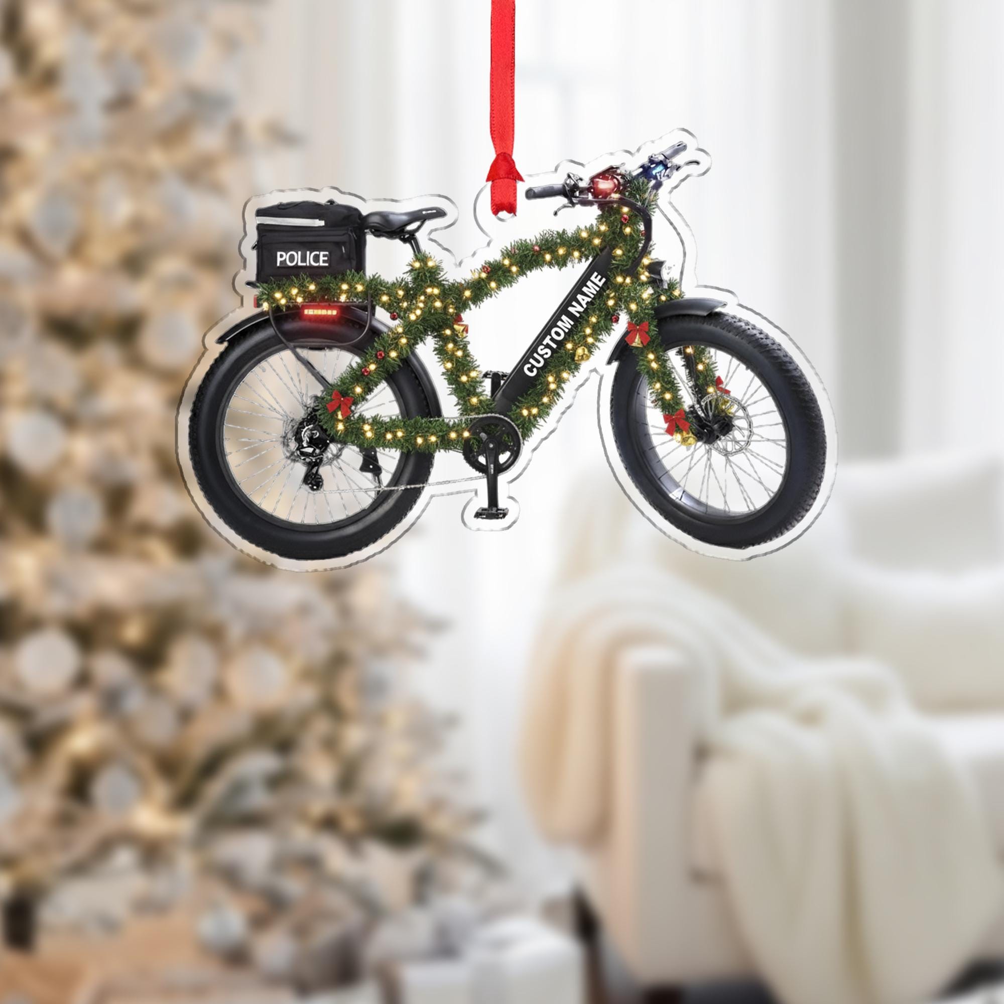 Personalized Police Bicycle Ornament – Custom Wooden Law Enforcement Bike Christmas Decoration