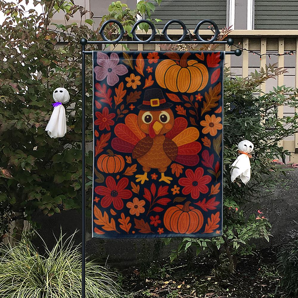 Thanksgiving Garden Flag – Turkey with Pumpkins and Fall Floral Outdoor Decoration