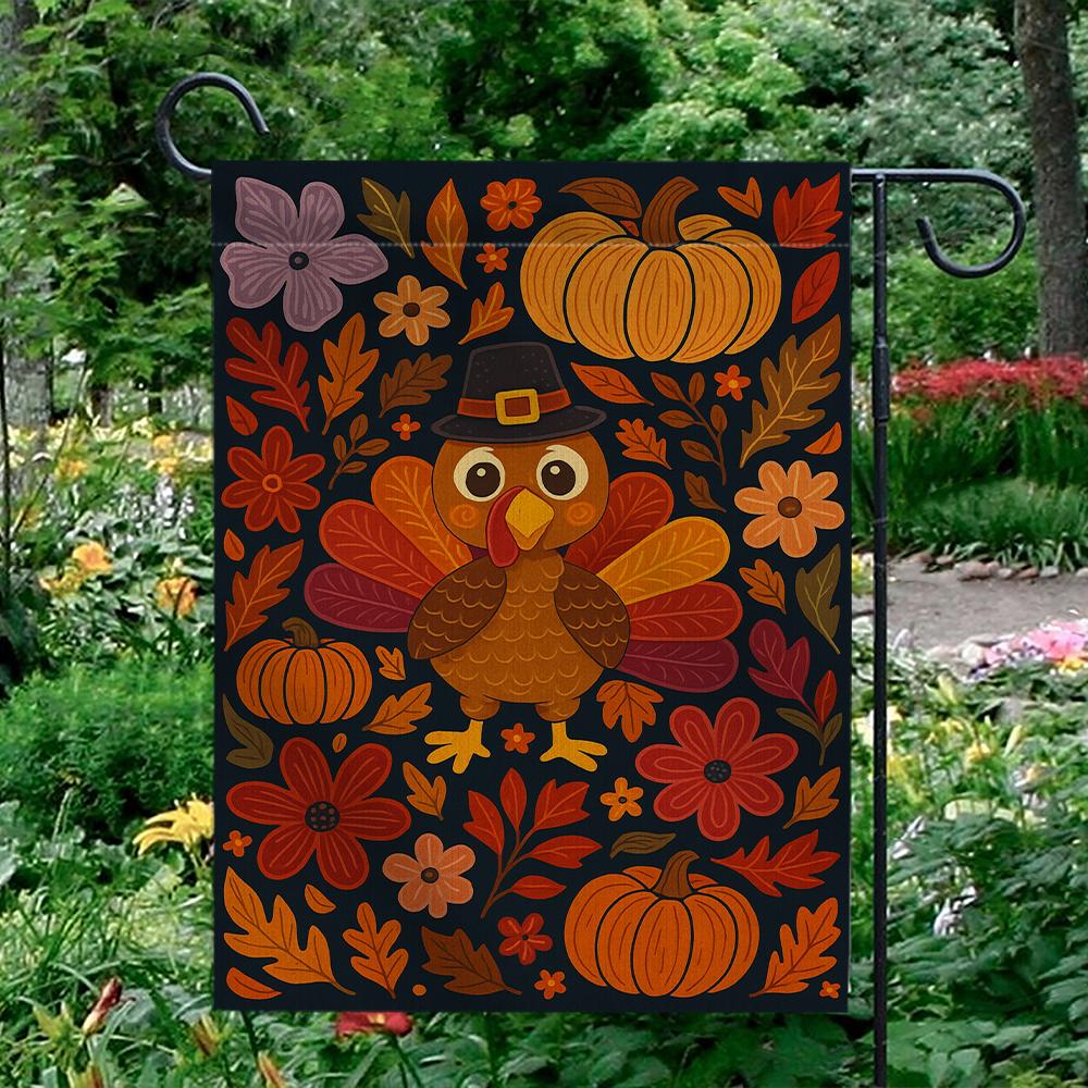 Thanksgiving Garden Flag – Turkey with Pumpkins and Fall Floral Outdoor Decoration