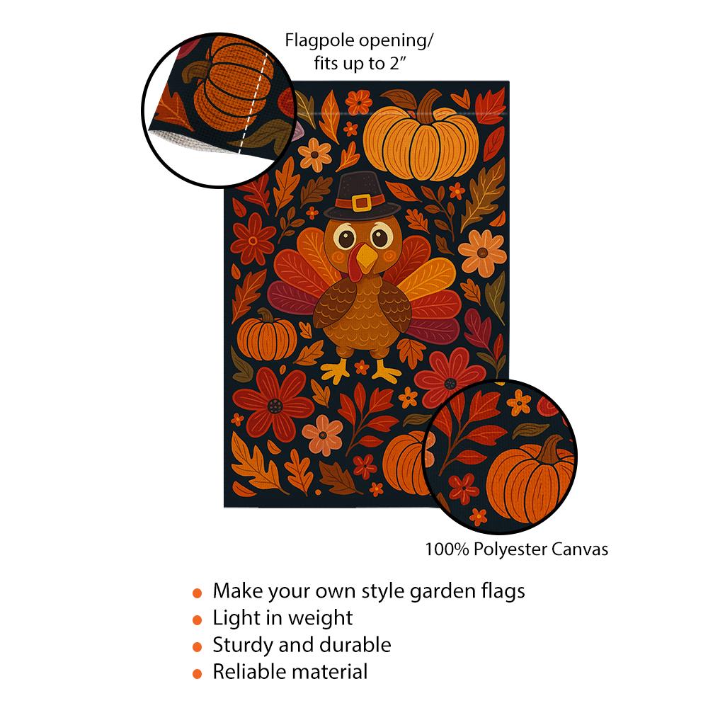 Thanksgiving Garden Flag – Turkey with Pumpkins and Fall Floral Outdoor Decoration