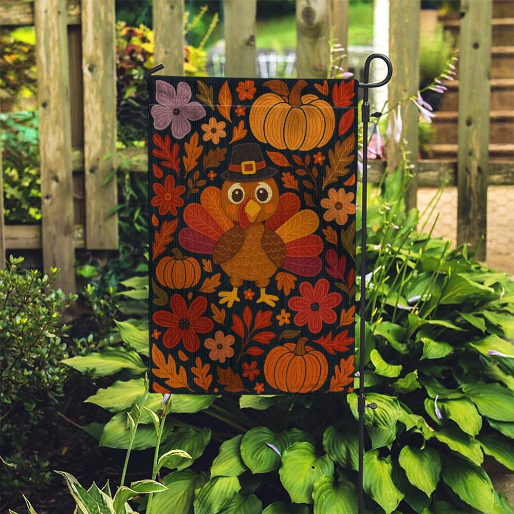 Thanksgiving Garden Flag – Turkey with Pumpkins and Fall Floral Outdoor Decoration