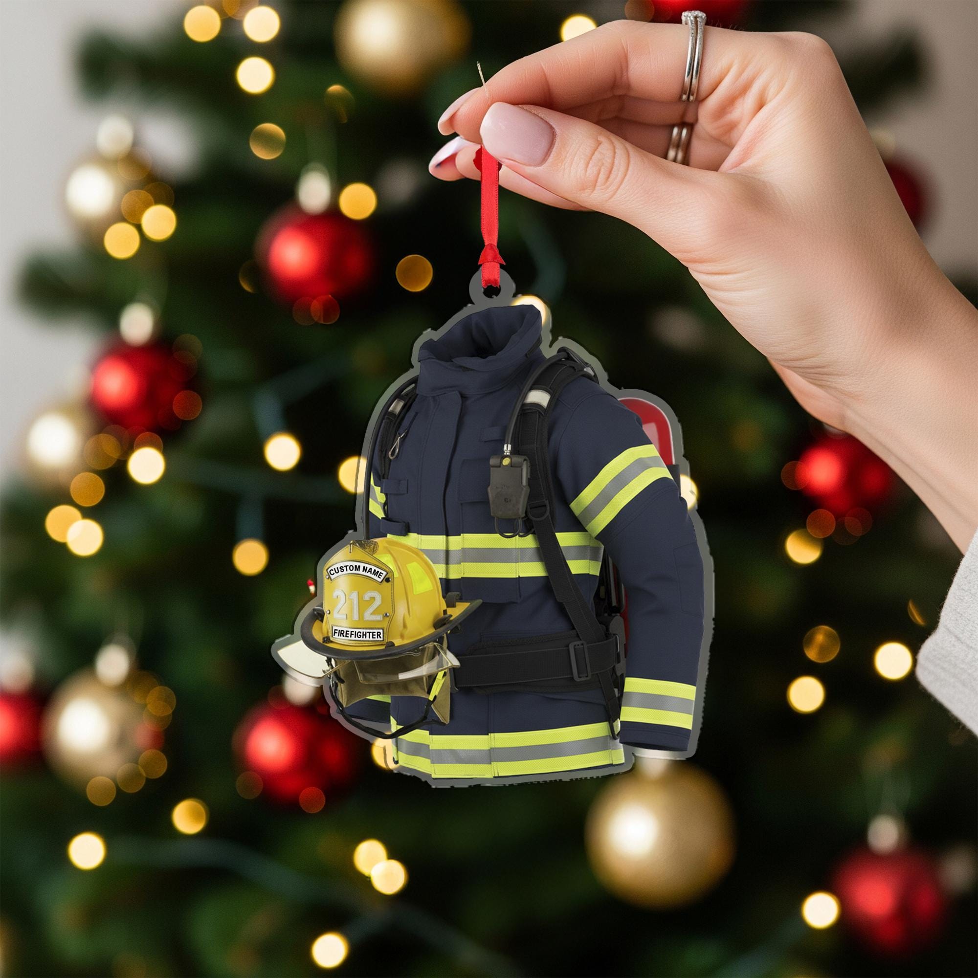 Personalized Firefighter Ornament – Custom Wooden Turnout Gear and Helmet Christmas Decoration