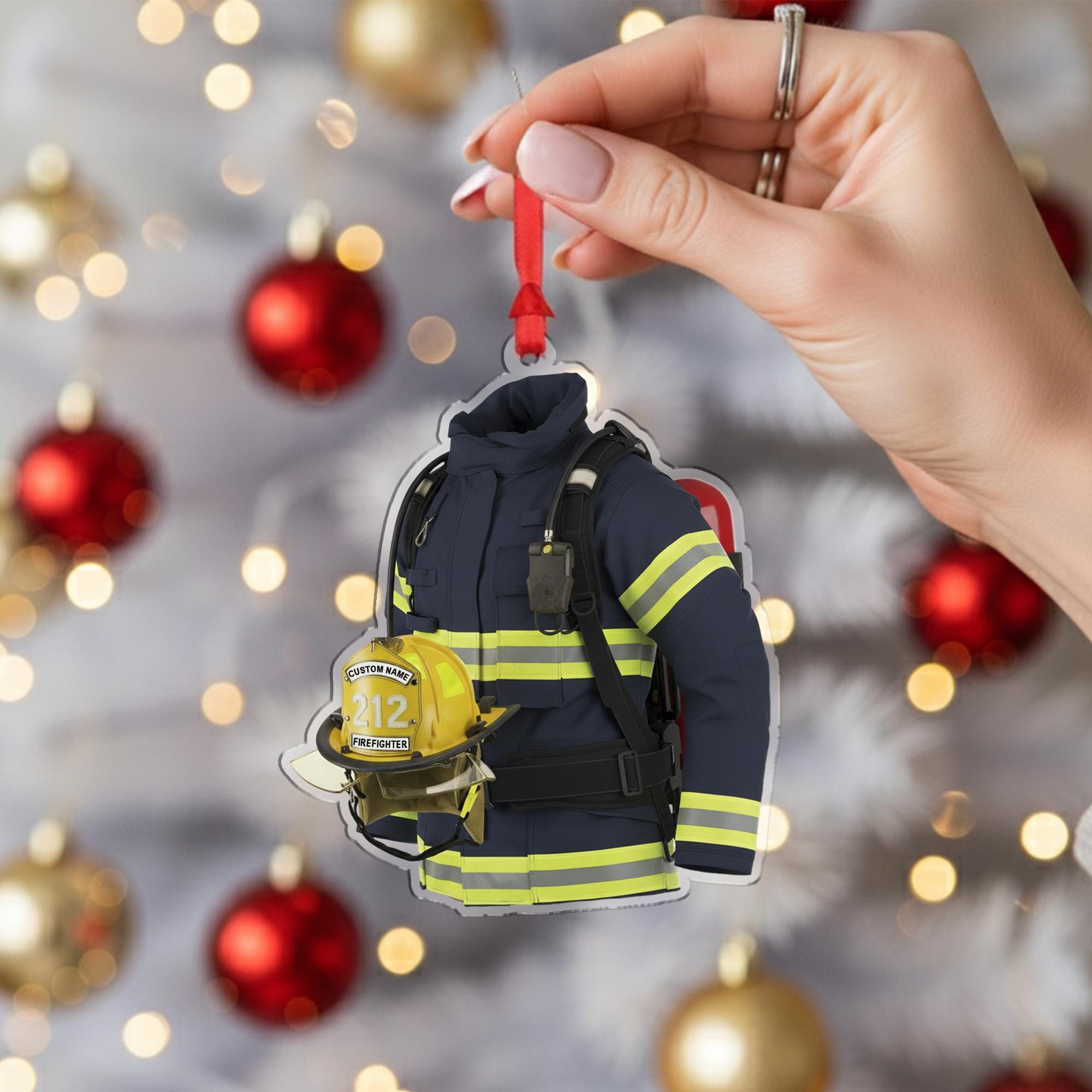 Personalized Firefighter Ornament – Custom Wooden Turnout Gear and Helmet Christmas Decoration