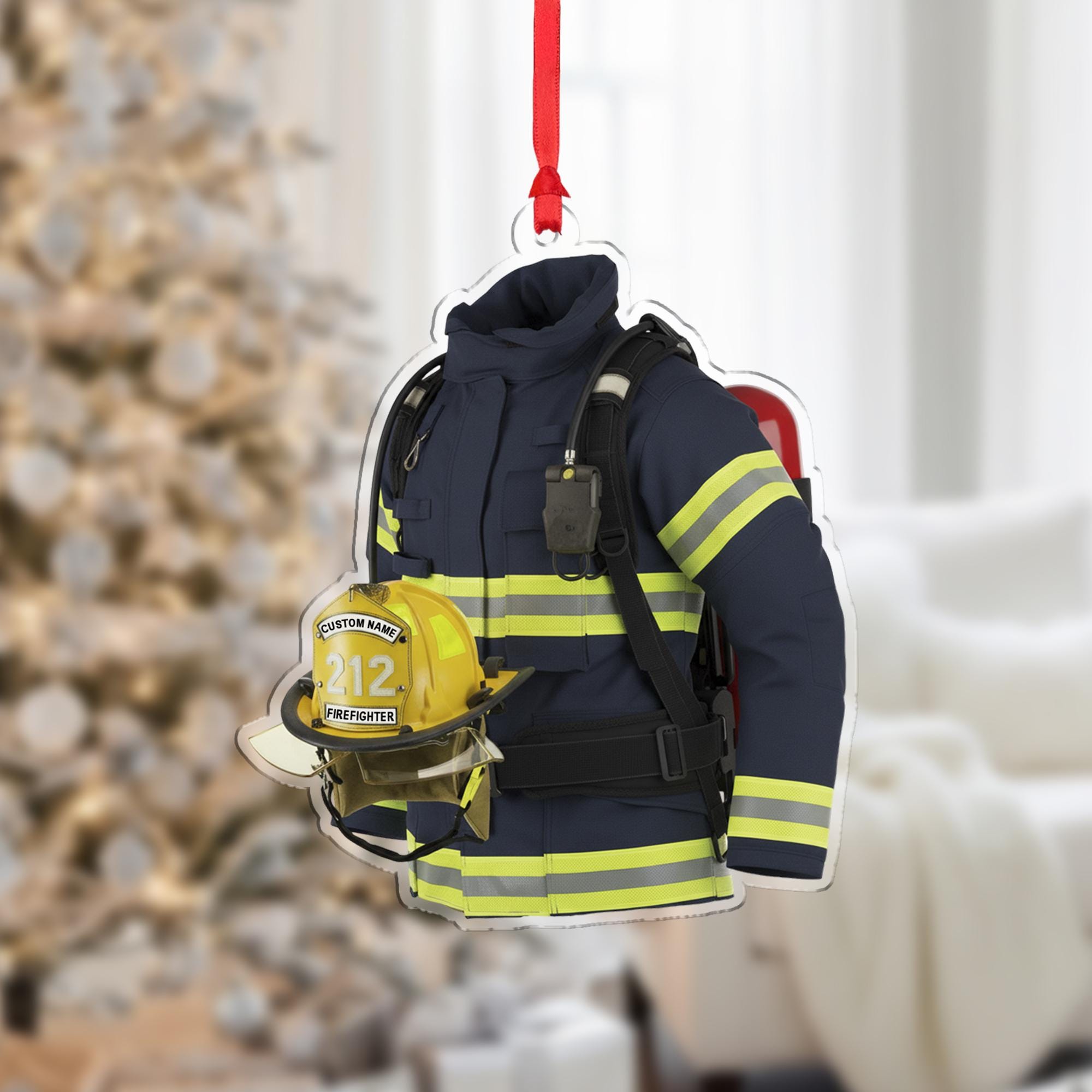 Personalized Firefighter Ornament – Custom Wooden Turnout Gear and Helmet Christmas Decoration