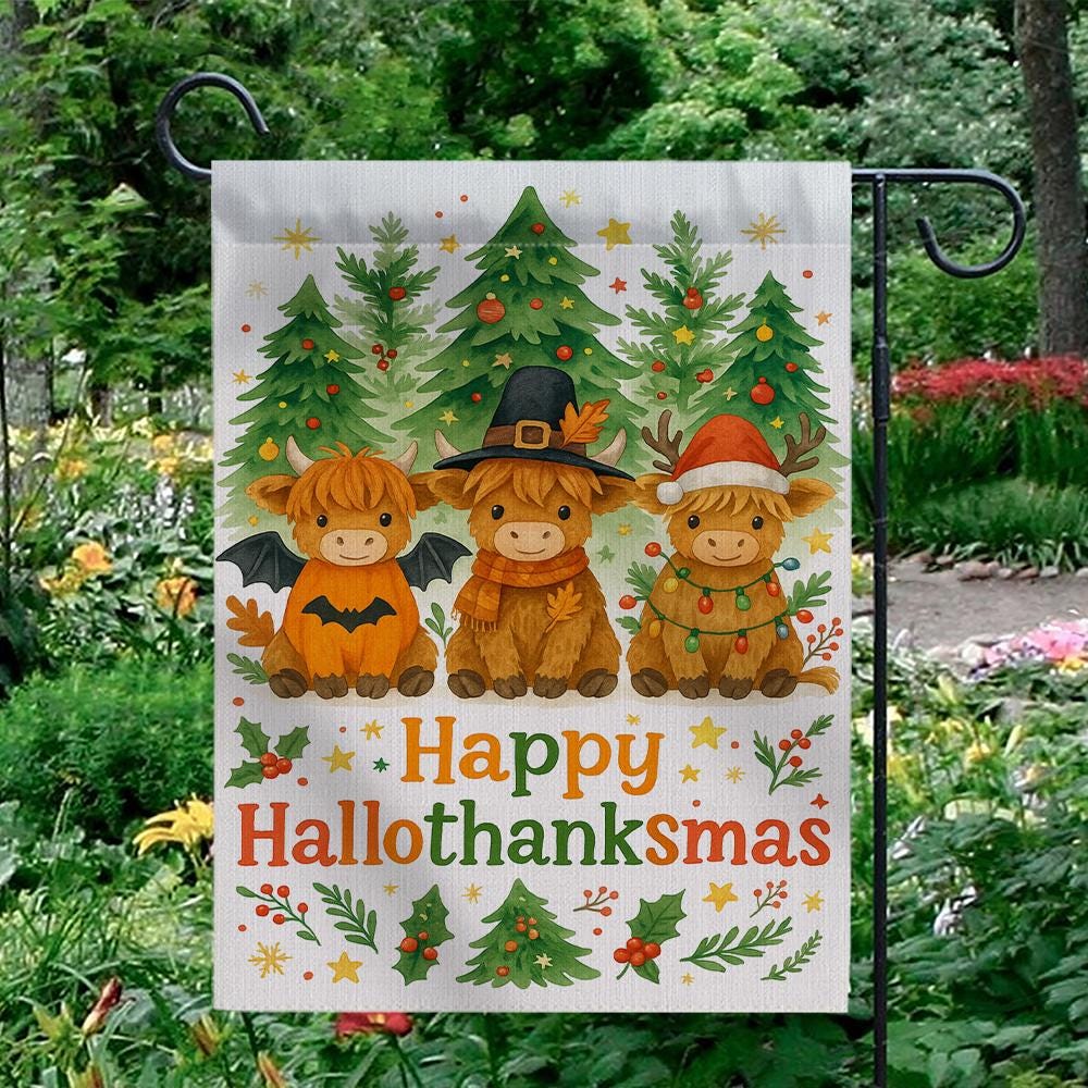 Garden Flag – Highland Cow HalloThanksMas with Holiday Trees Outdoor Decoration