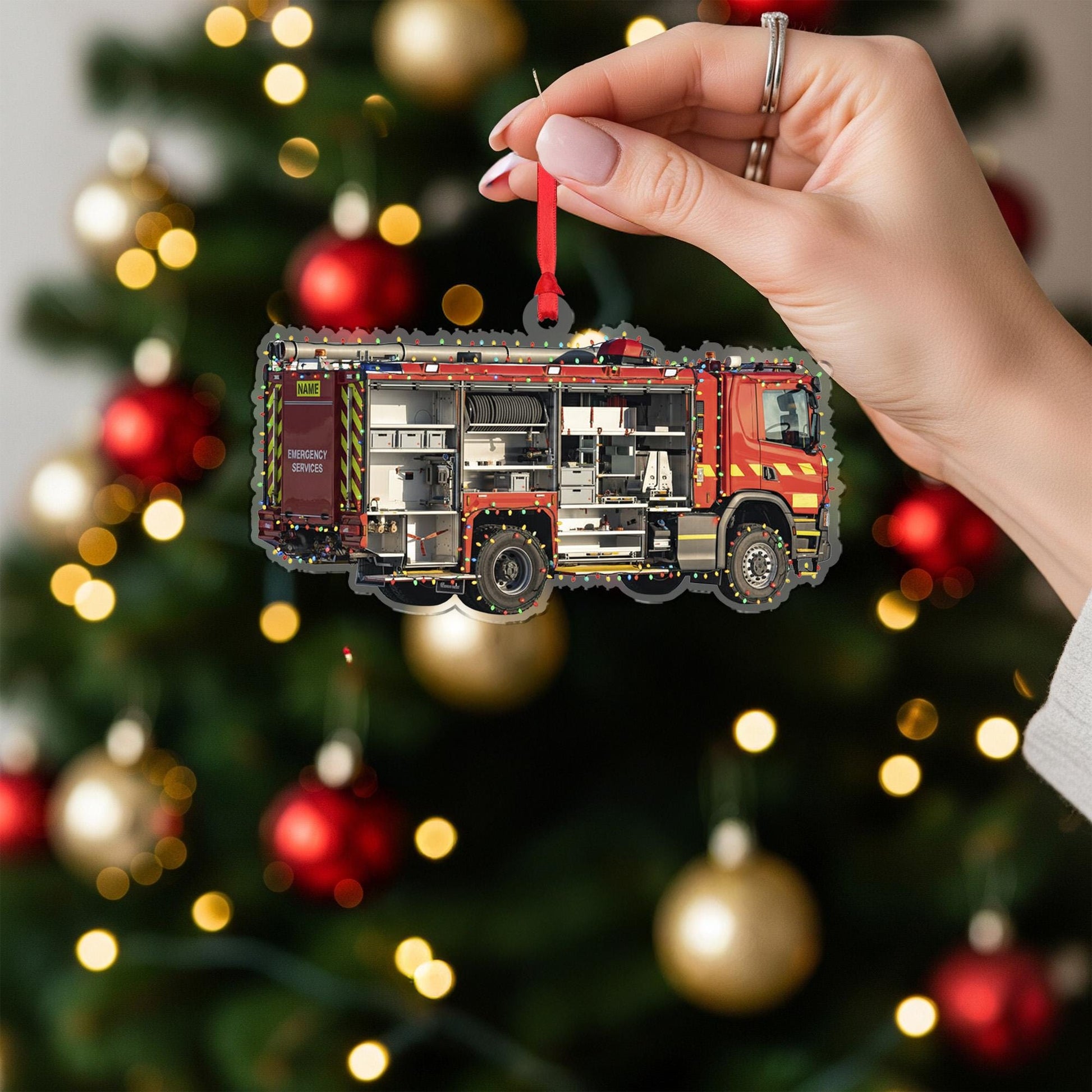 Personalized Fire Truck Ornament – Custom Wooden Firefighter Engine Christmas Decoration