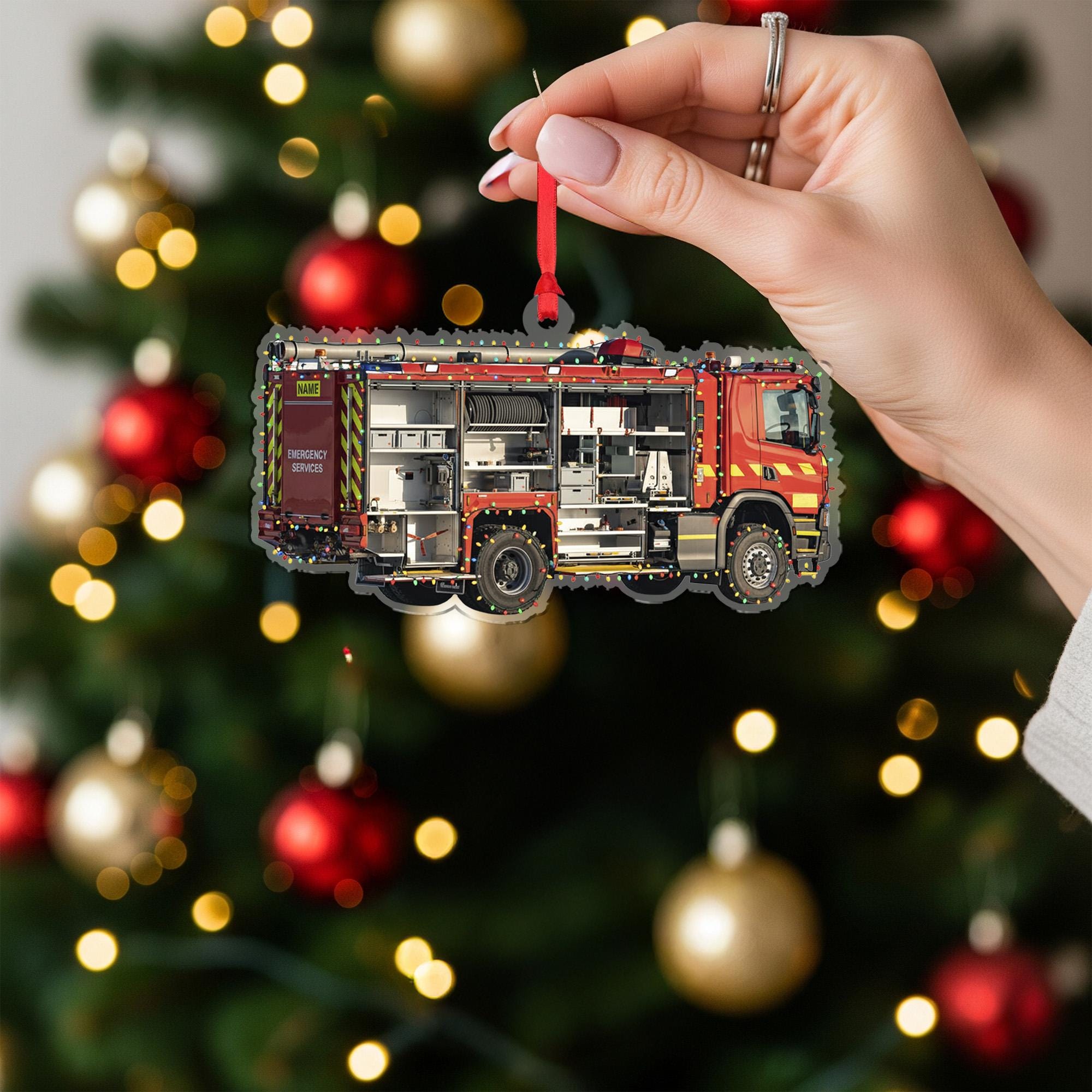 Personalized Fire Truck Ornament – Custom Wooden Firefighter Engine Christmas Decoration