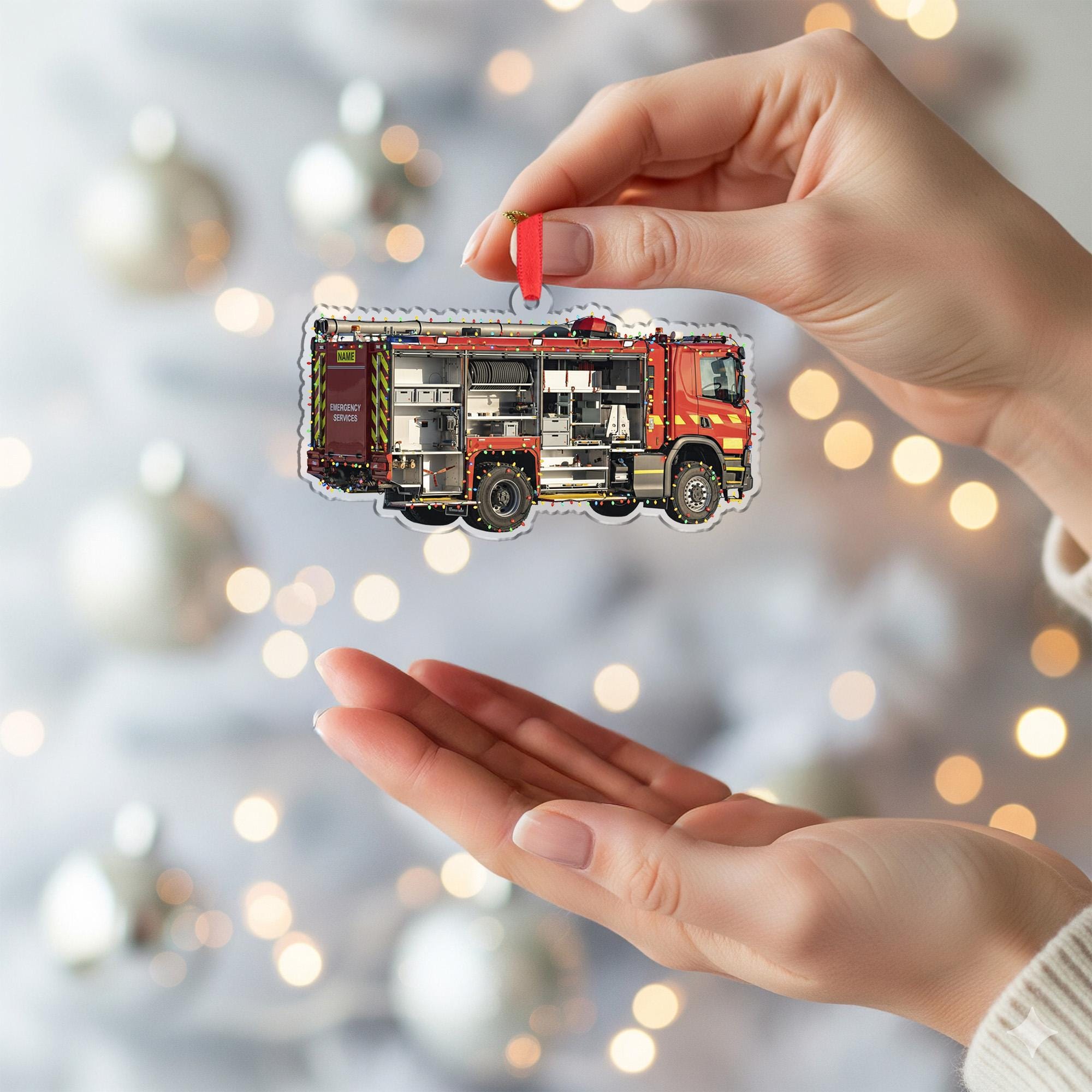 Personalized Fire Truck Ornament – Custom Wooden Firefighter Engine Christmas Decoration