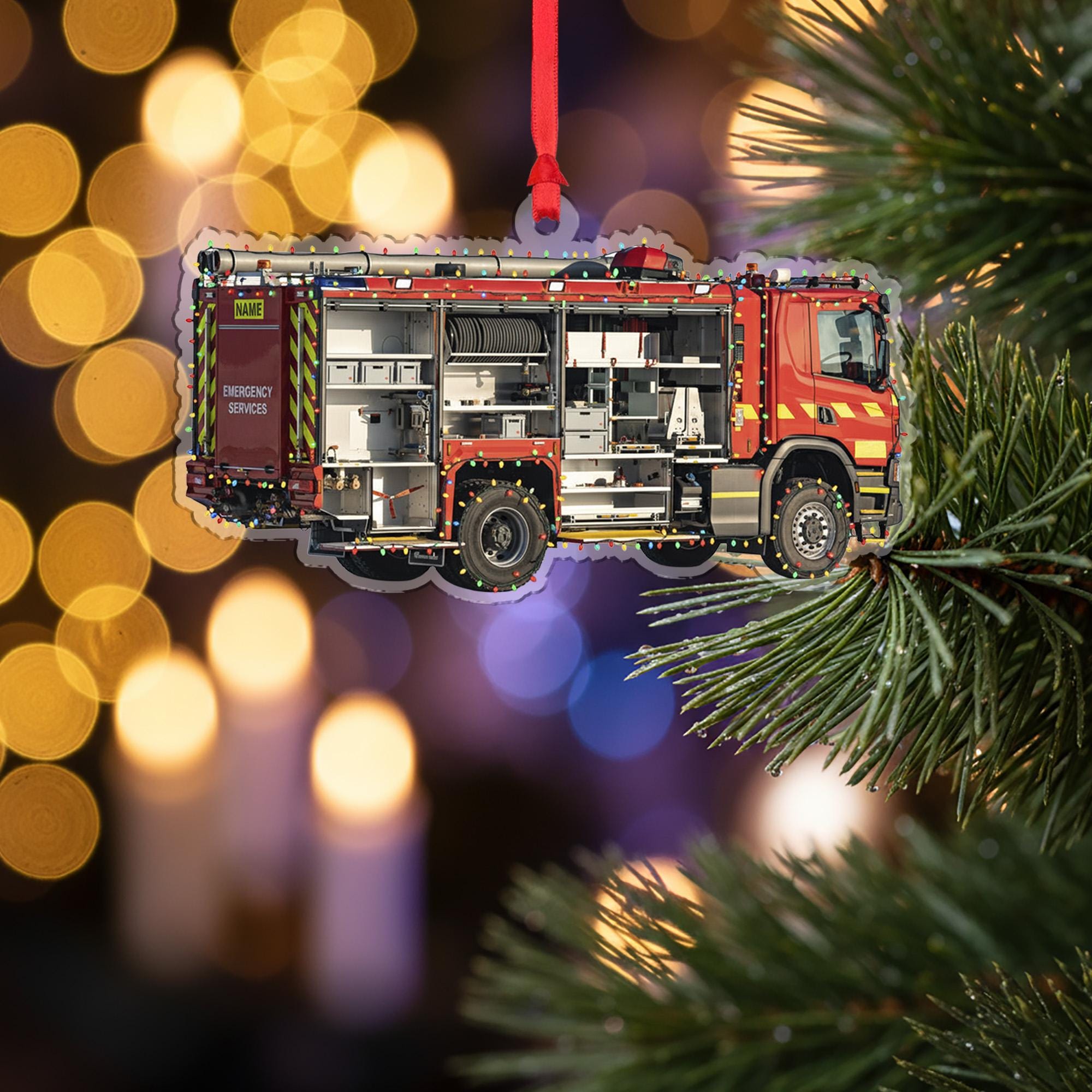 Personalized Fire Truck Ornament – Custom Wooden Firefighter Engine Christmas Decoration