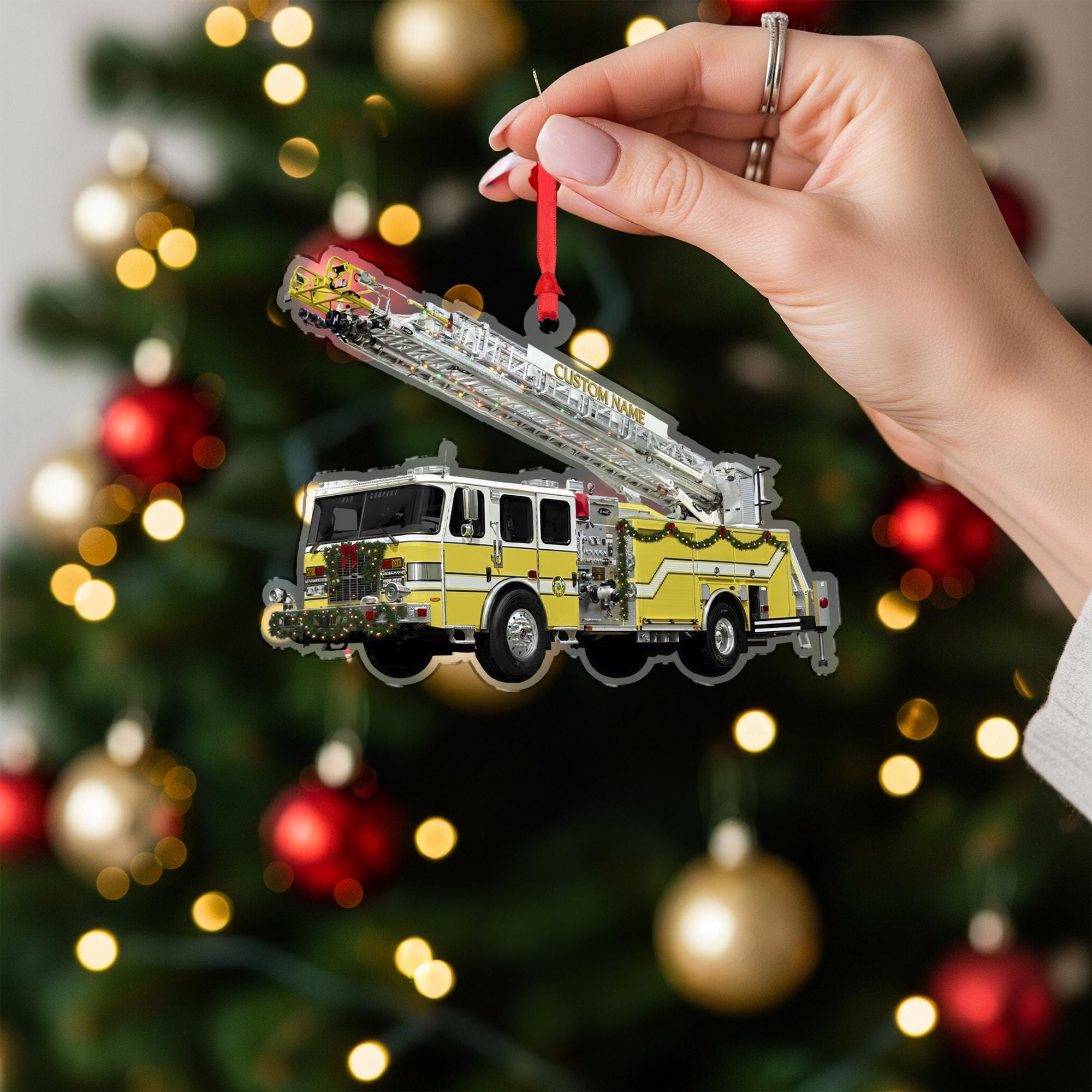 Personalized Fire Truck Ornament – Custom Wooden Ladder Engine Firefighter Christmas Decoration