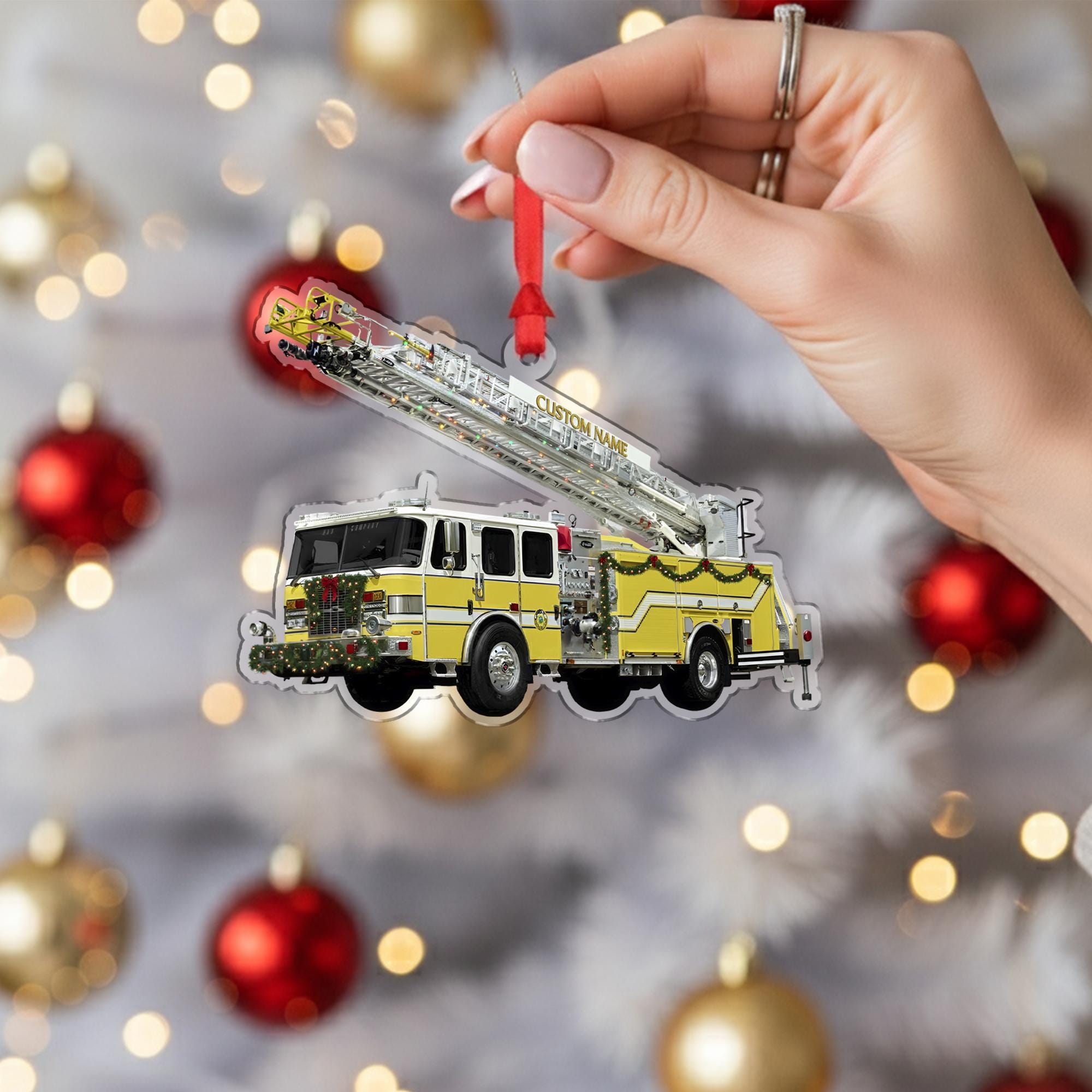 Personalized Fire Truck Ornament – Custom Wooden Ladder Engine Firefighter Christmas Decoration
