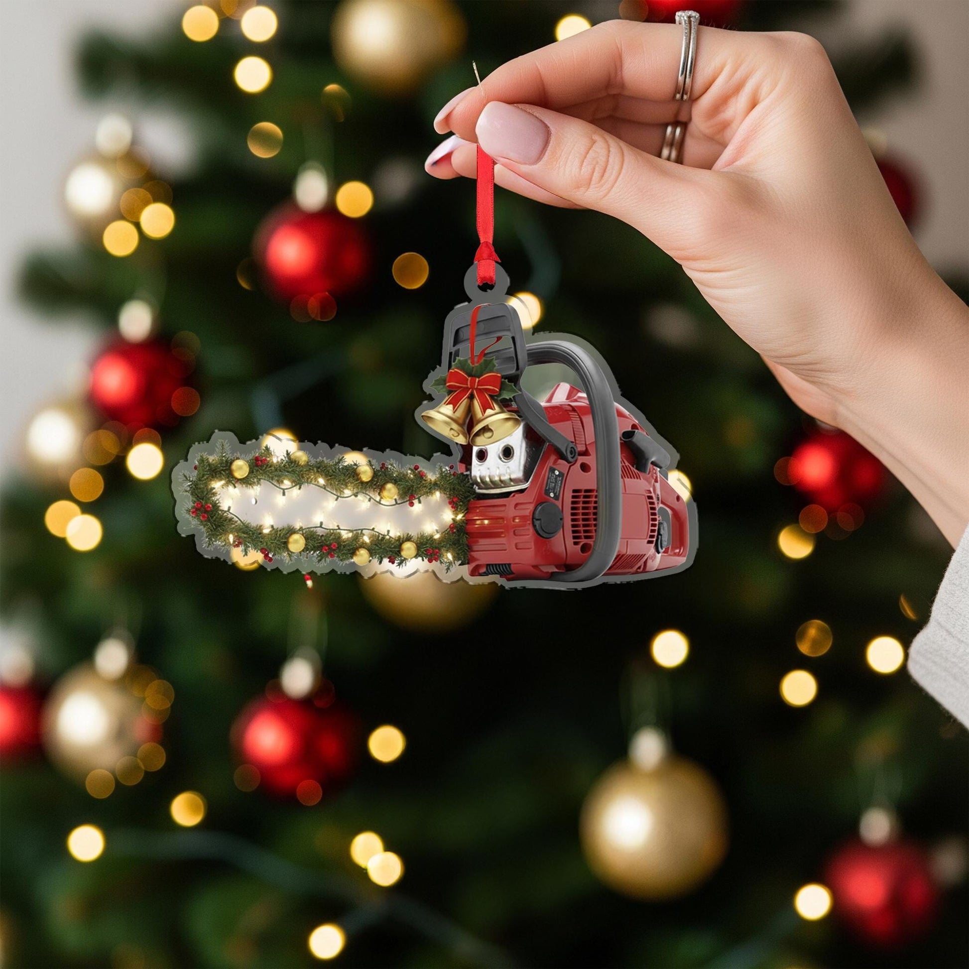 Acrylic Chainsaw Ornament – Lumberjack Christmas Tree Decoration with Lights and Garland
