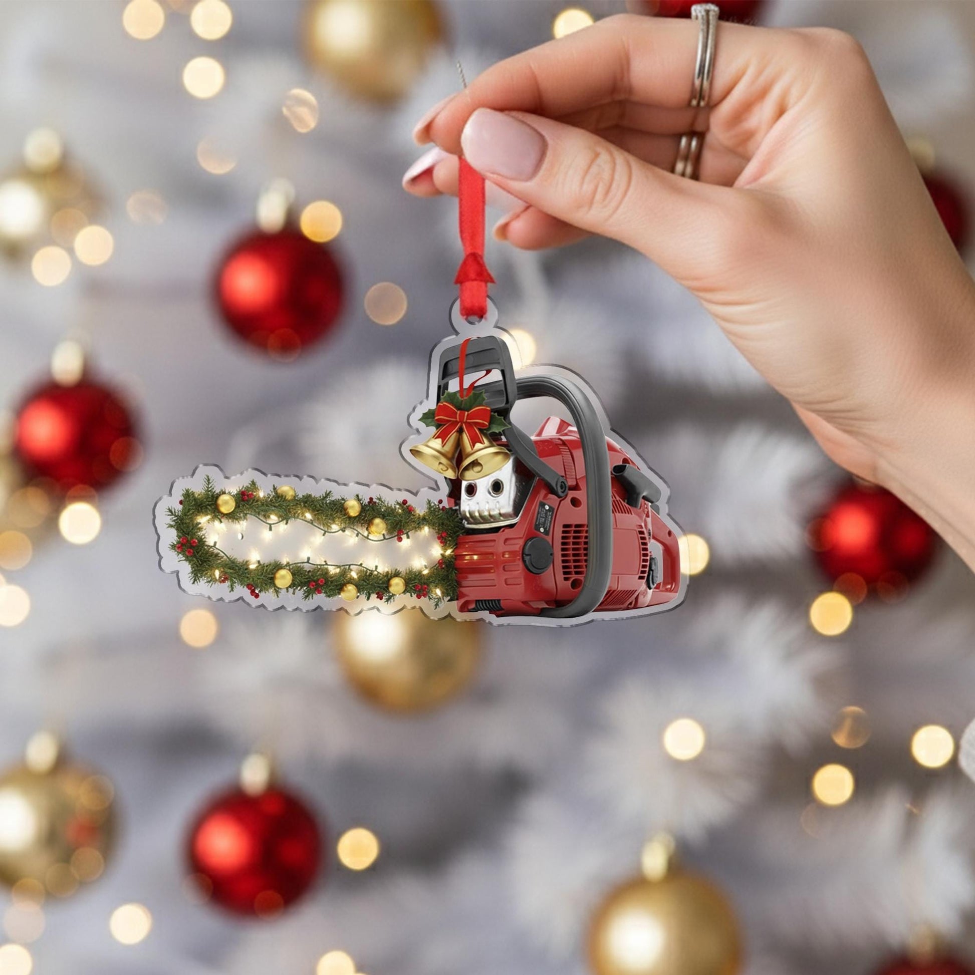 Acrylic Chainsaw Ornament – Lumberjack Christmas Tree Decoration with Lights and Garland