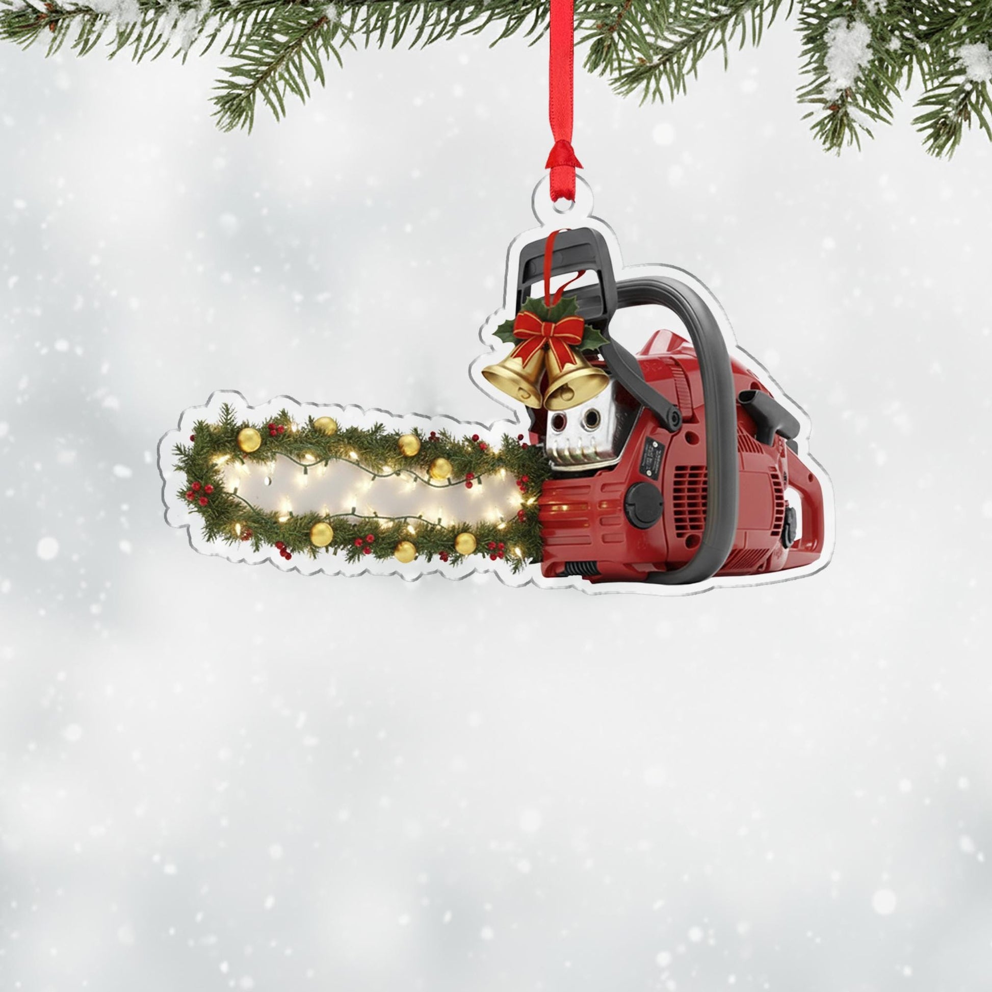 Acrylic Chainsaw Ornament – Lumberjack Christmas Tree Decoration with Lights and Garland