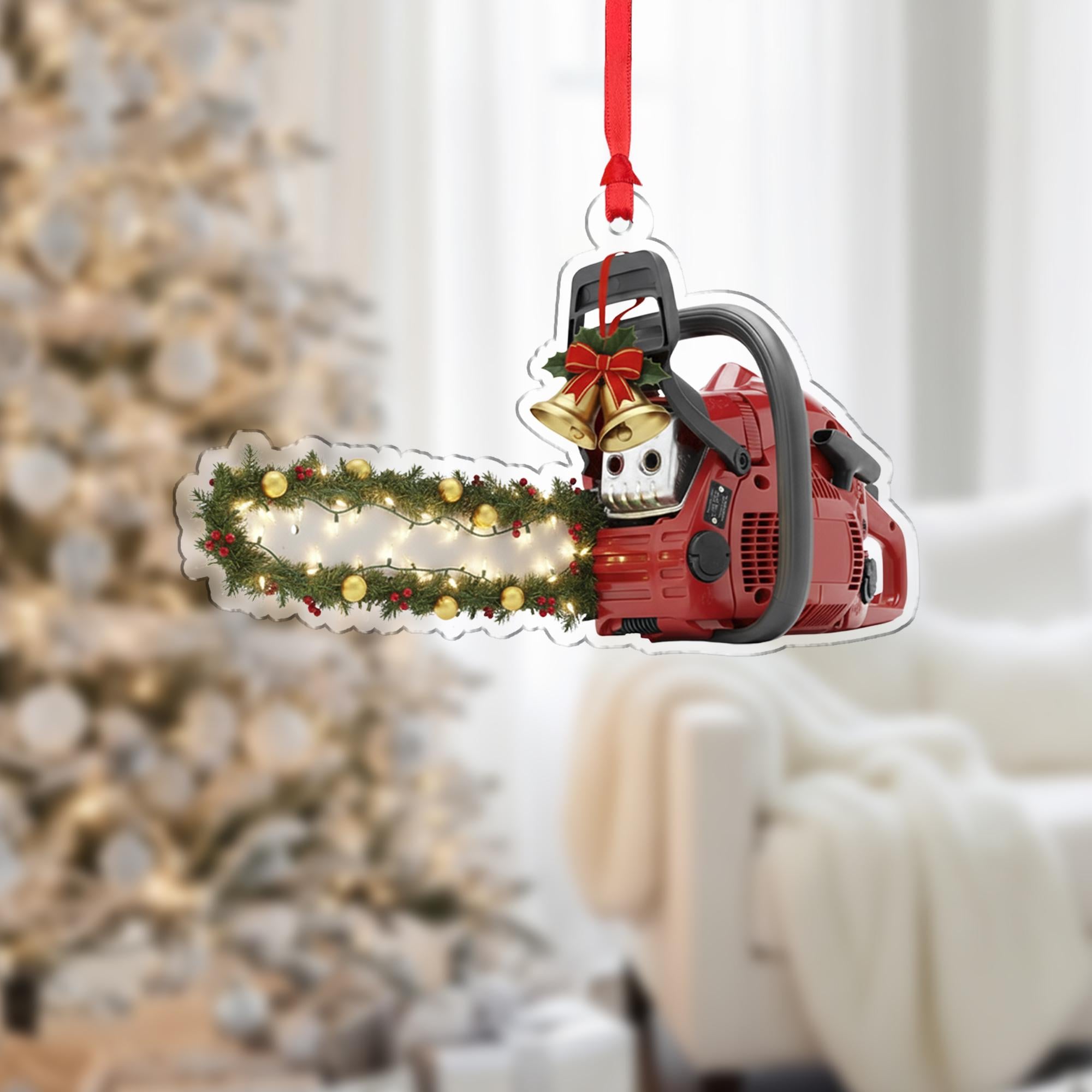 Acrylic Chainsaw Ornament – Lumberjack Christmas Tree Decoration with Lights and Garland