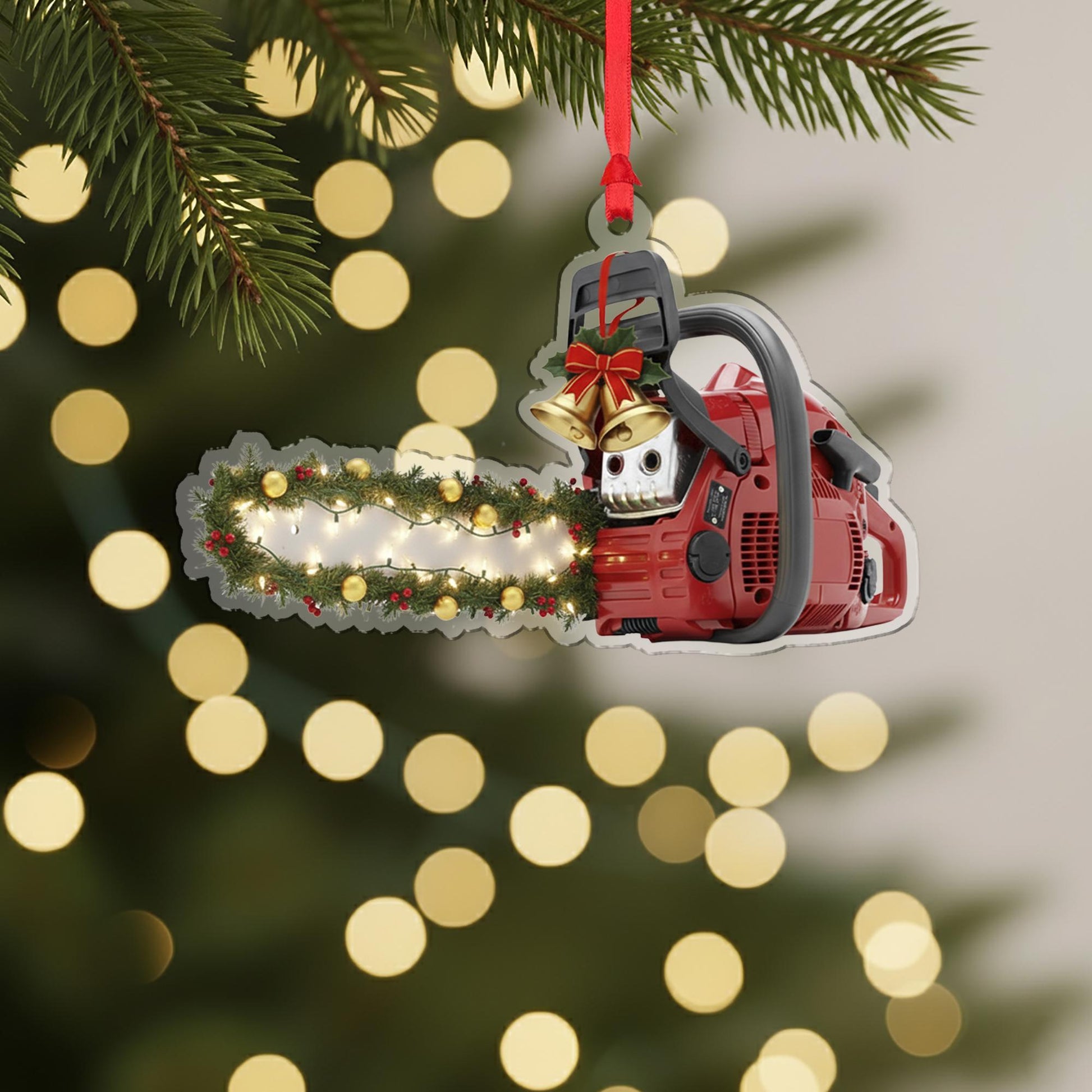 Acrylic Chainsaw Ornament – Lumberjack Christmas Tree Decoration with Lights and Garland